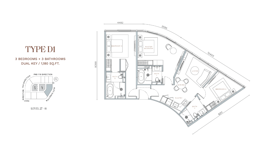 Orion Residence Type D1 · 3 Bed + 3 Bath Dual Key · 1,180 sf · Level 27–41 floor plan