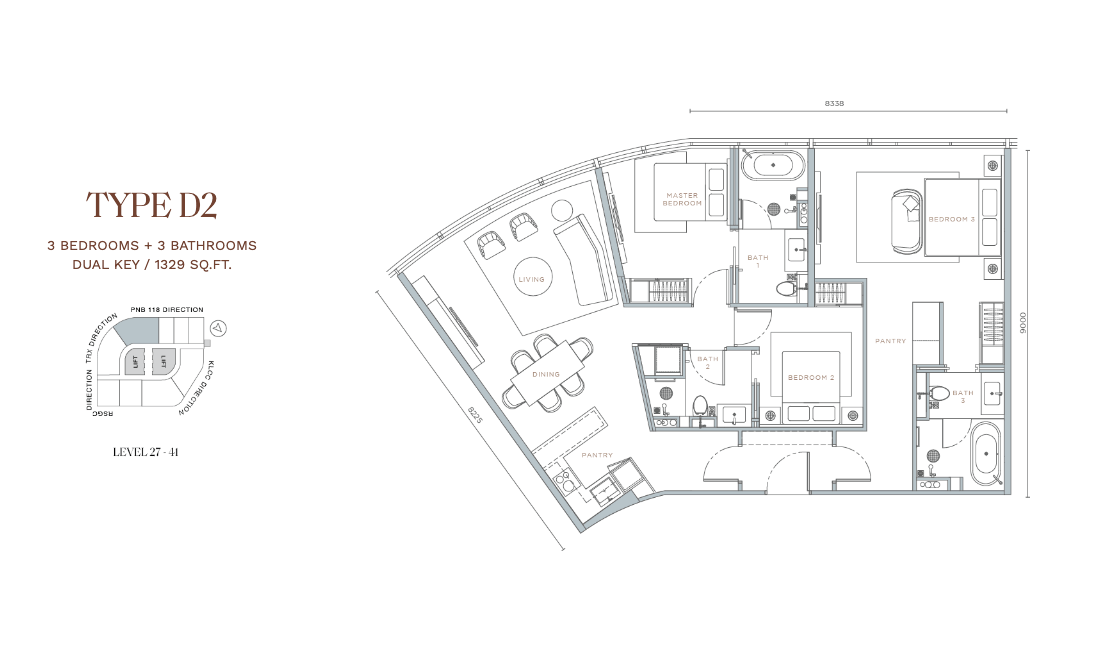 Orion Residence Type D2 · 3 Bed + 3 Bath Dual Key · 1,329 sf · Level 27–41 floor plan