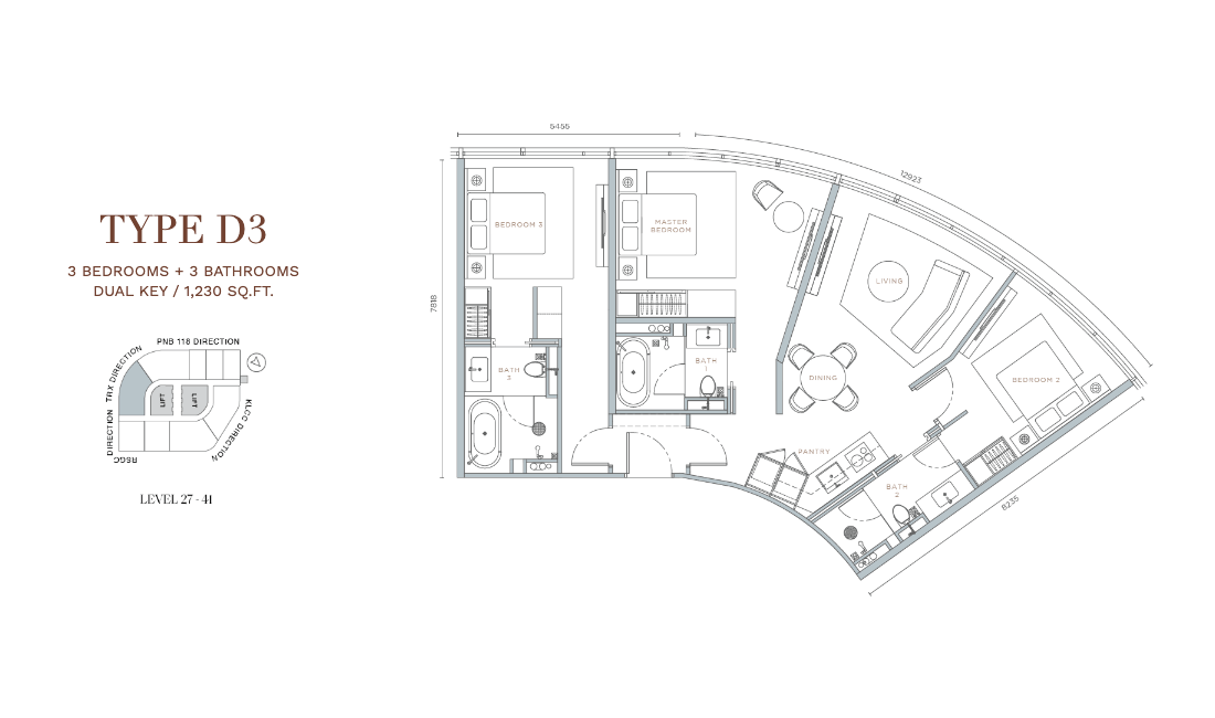 Orion Residence Type D3 · 3 Bed + 3 Bath Dual Key · 1,230 sf · Level 27–41 floor plan