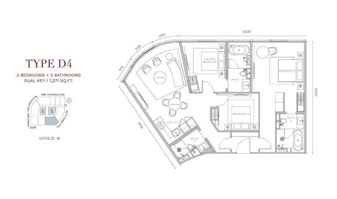 Orion Residence Type D4 · 3 Bed + 3 Bath Dual Key · 1,271 sf · Level 27–41 floor plan