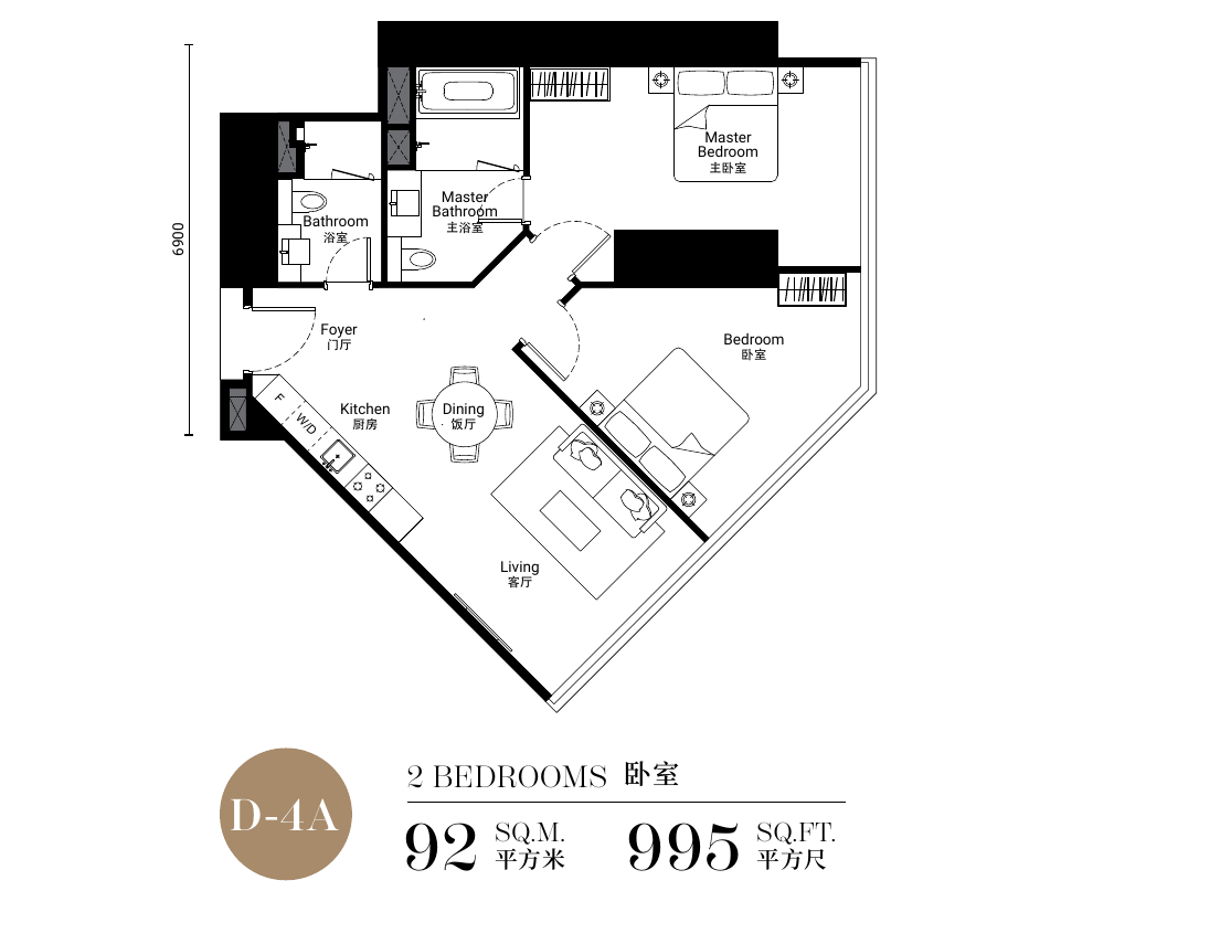 Oxley Towers KLCC Type D-4A · 2 Bedroom · 995 sf floor plan