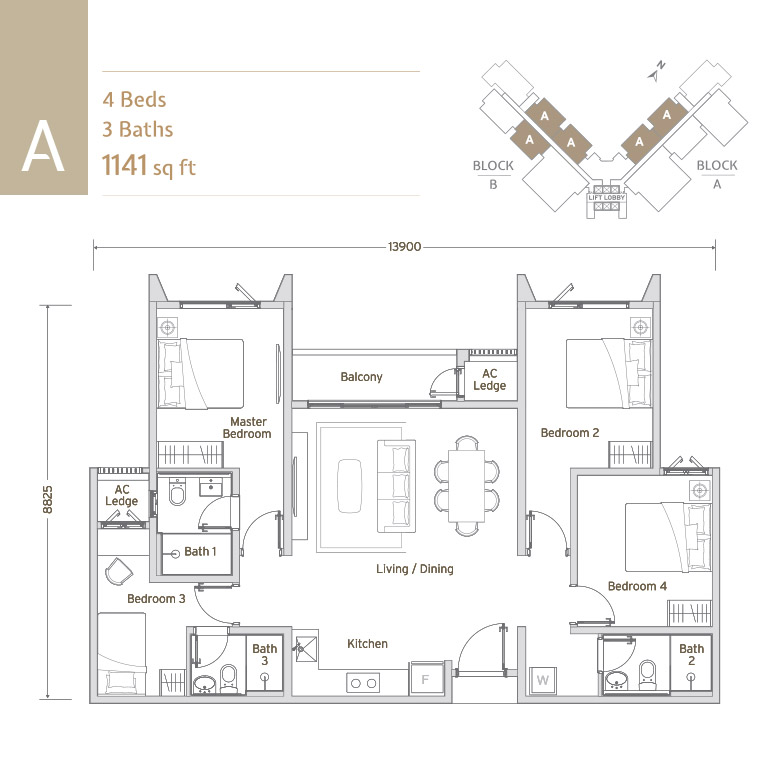 Papyrus North Kiara Type A · 4 Bed 3 Bath · 1,141 sf floor plan
