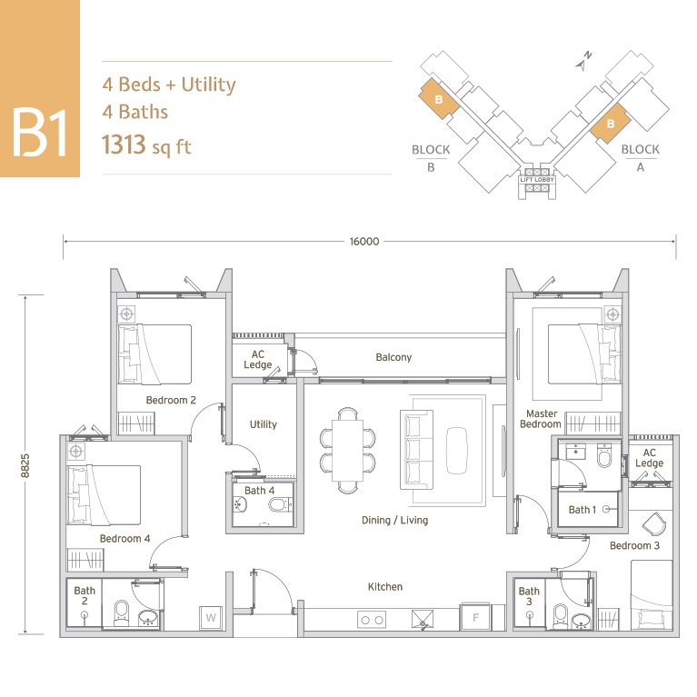 Papyrus North Kiara Type B1 · 4 Bed + Utility, 4 Bath · 1,313 sf floor plan