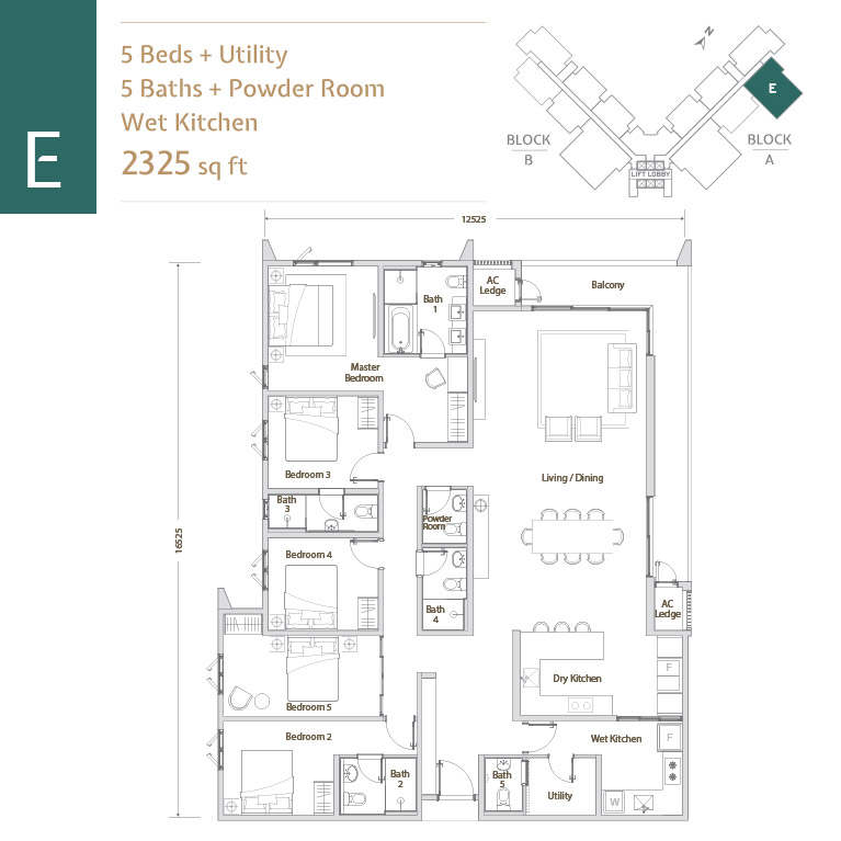 Papyrus North Kiara Type E · 5 Bed + Utility, 5 Bath + Powder · 2,325 sf floor plan