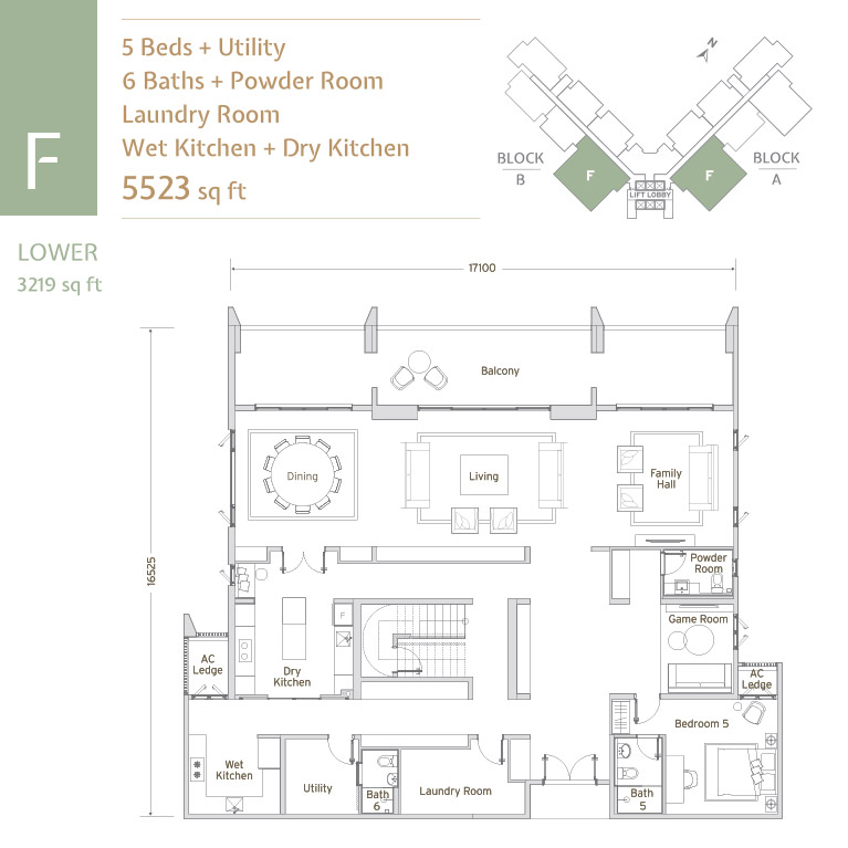 Papyrus North Kiara Type F (Lower) · 5 Bed + Utility, 6 Bath + Powder · Duplex, 5,523 sf total floor plan