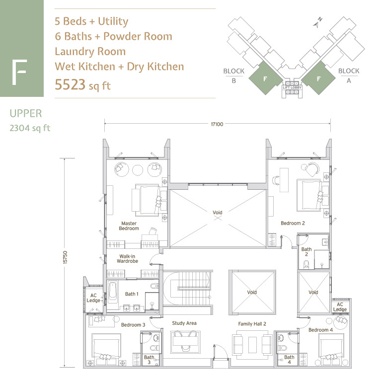 Papyrus North Kiara Type F (Upper) · 5 Bed + Utility, 6 Bath + Powder · Duplex, 5,523 sf total floor plan