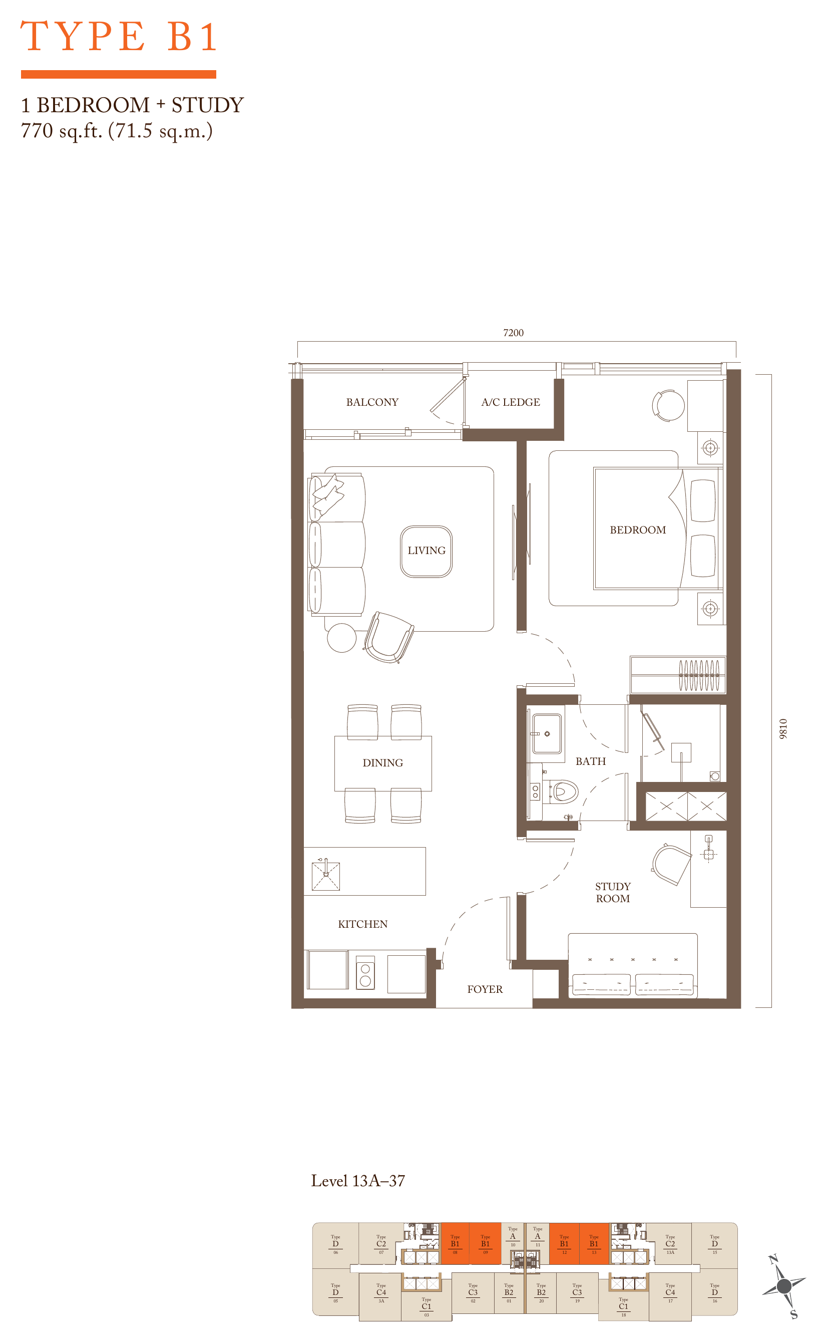 Pavilion Square Type B1 · 770 sf floor plan