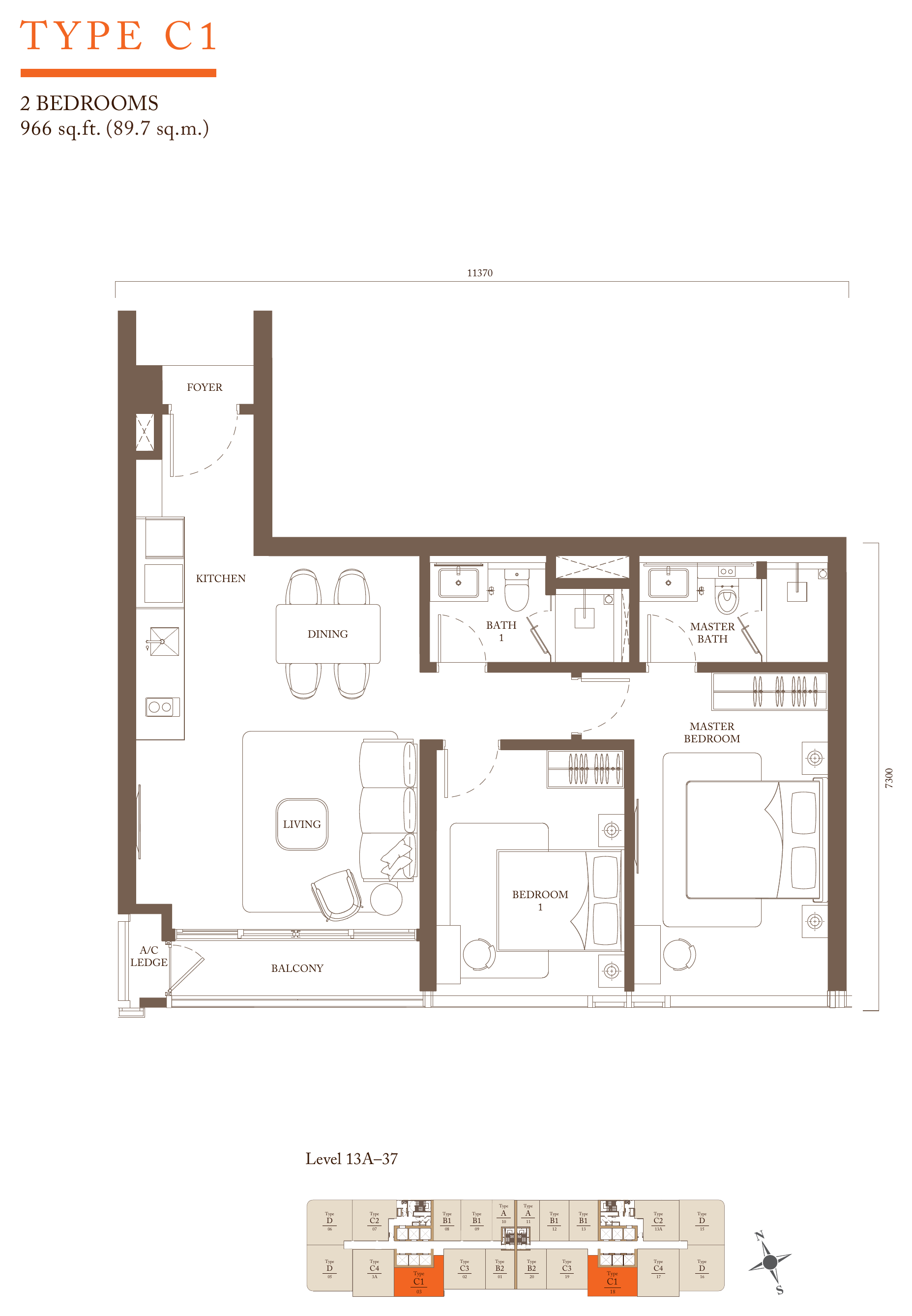 Pavilion Square Type C1 · 966 sf floor plan