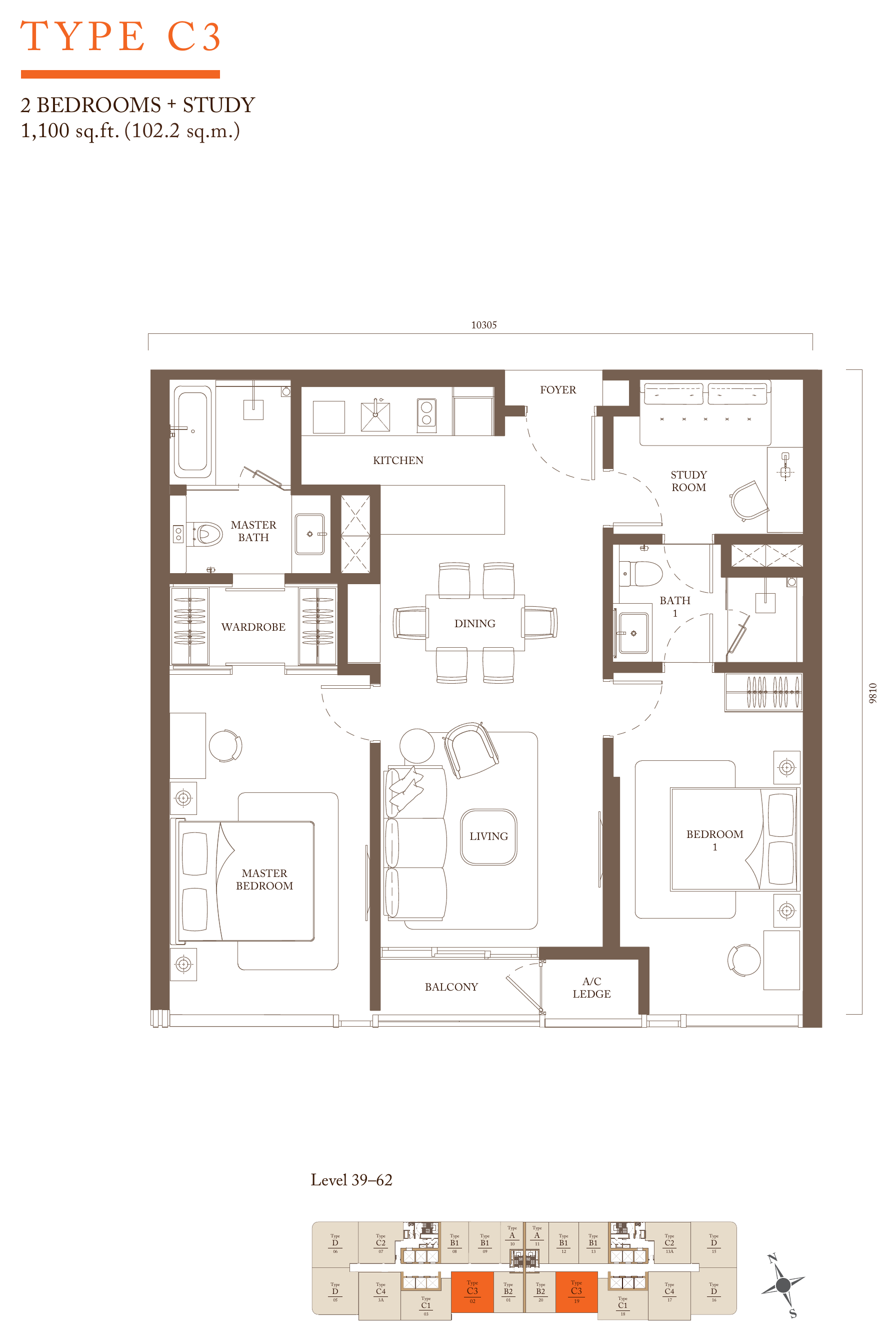 Pavilion Square Type C3 · 1,100 sf floor plan