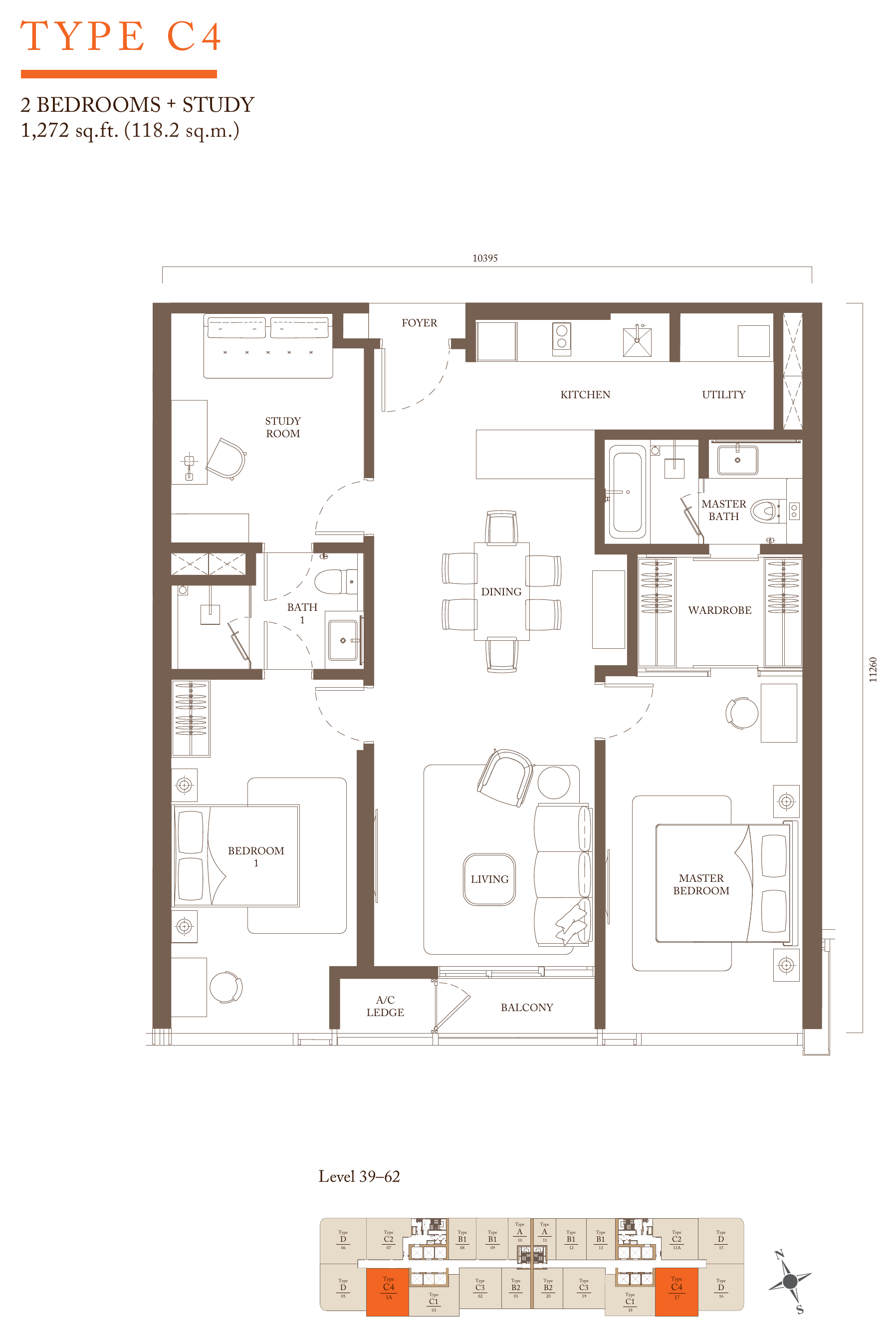 Pavilion Square Type C4 · 1,272 sf floor plan