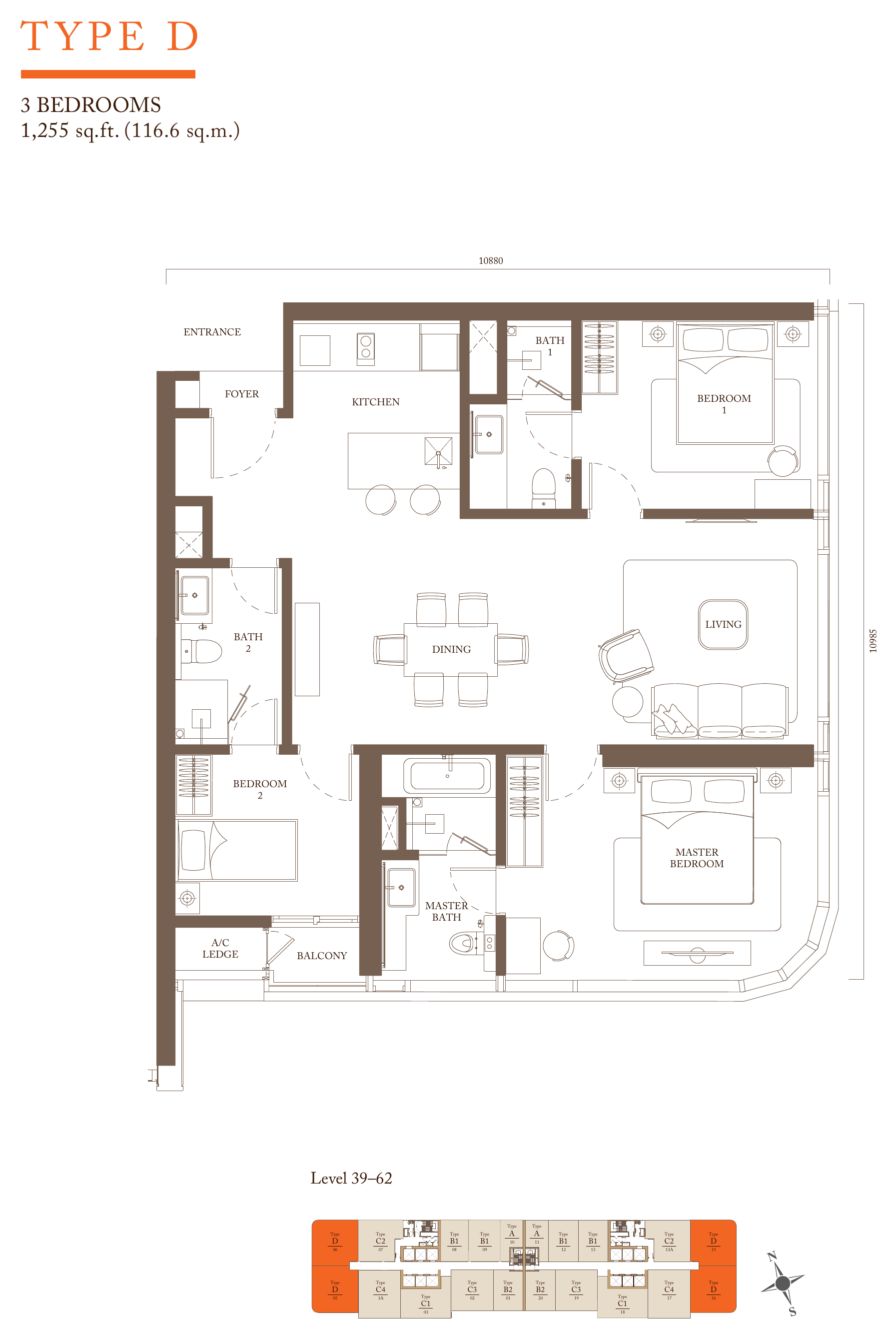 Pavilion Square Type D · 1,255 sf floor plan