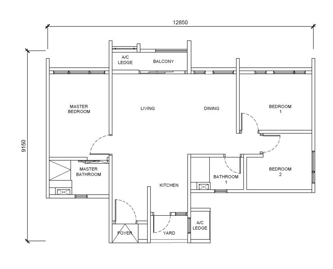 The Queenswoodz Type B · 3 Bedrooms · 936 sf floor plan
