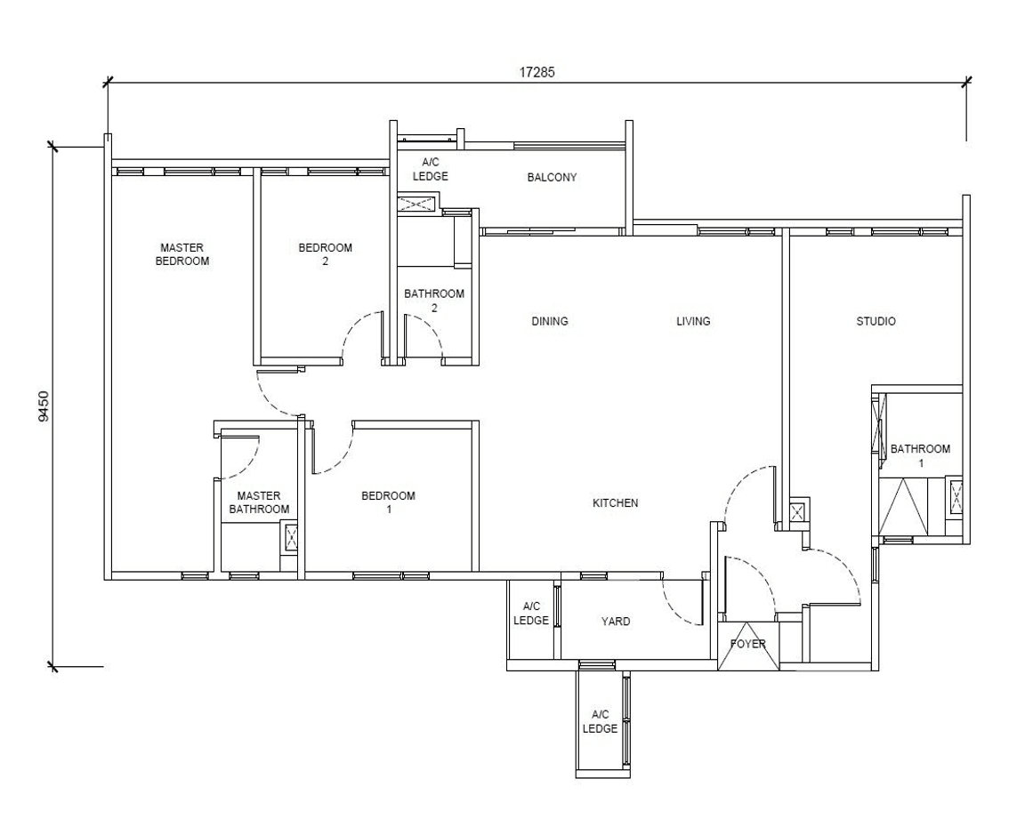 The Queenswoodz Type D2 Dual Key · 3 Bedrooms + Studio · 1,410 sf floor plan