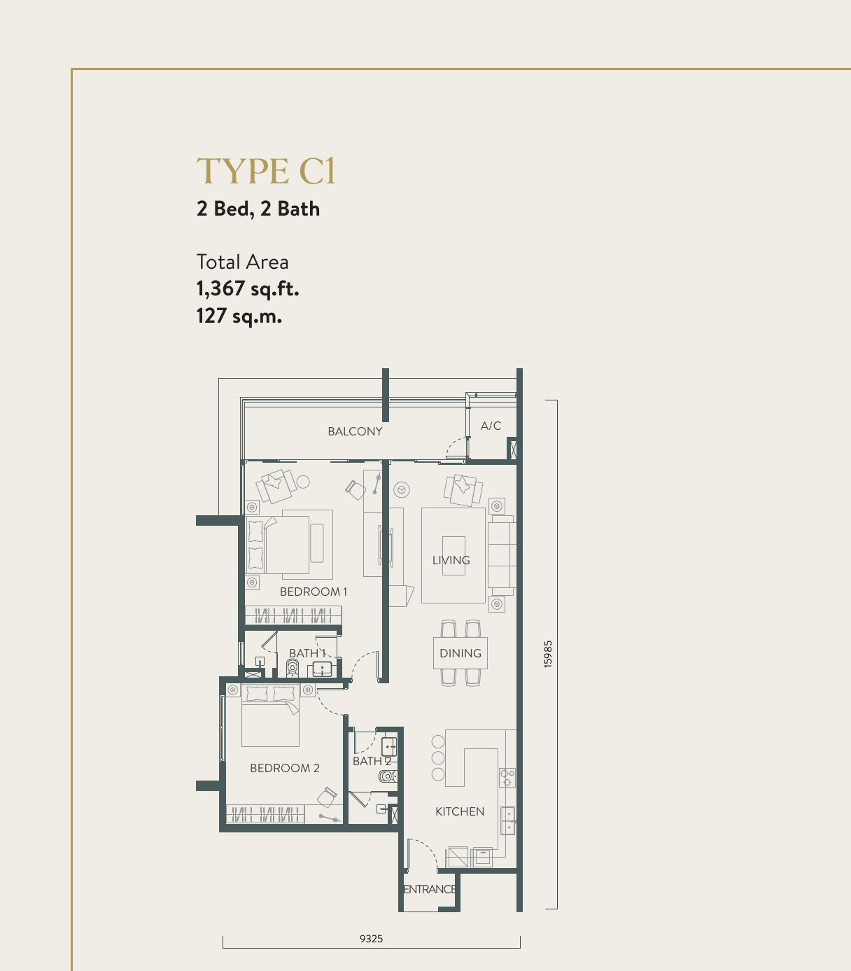 Quill Residences Type C1 · 2 Bed, 2 Bath · 1,367 sf floor plan