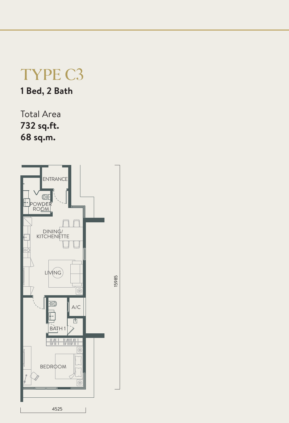 Quill Residences Type C3 · 1 Bed, 2 Bath · 732 sf floor plan