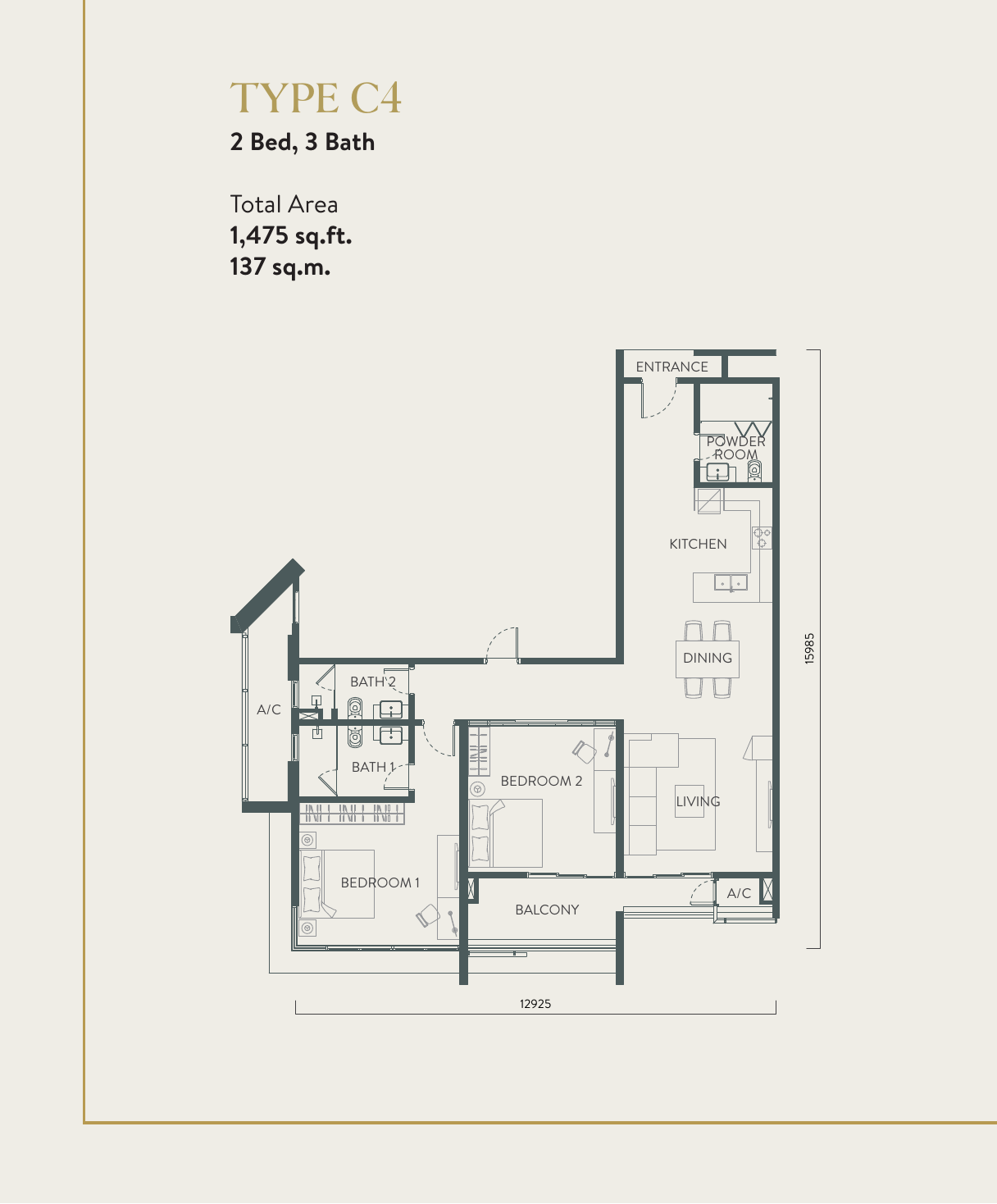 Quill Residences Type C4 · 2 Bed, 3 Bath · 1,475 sf floor plan