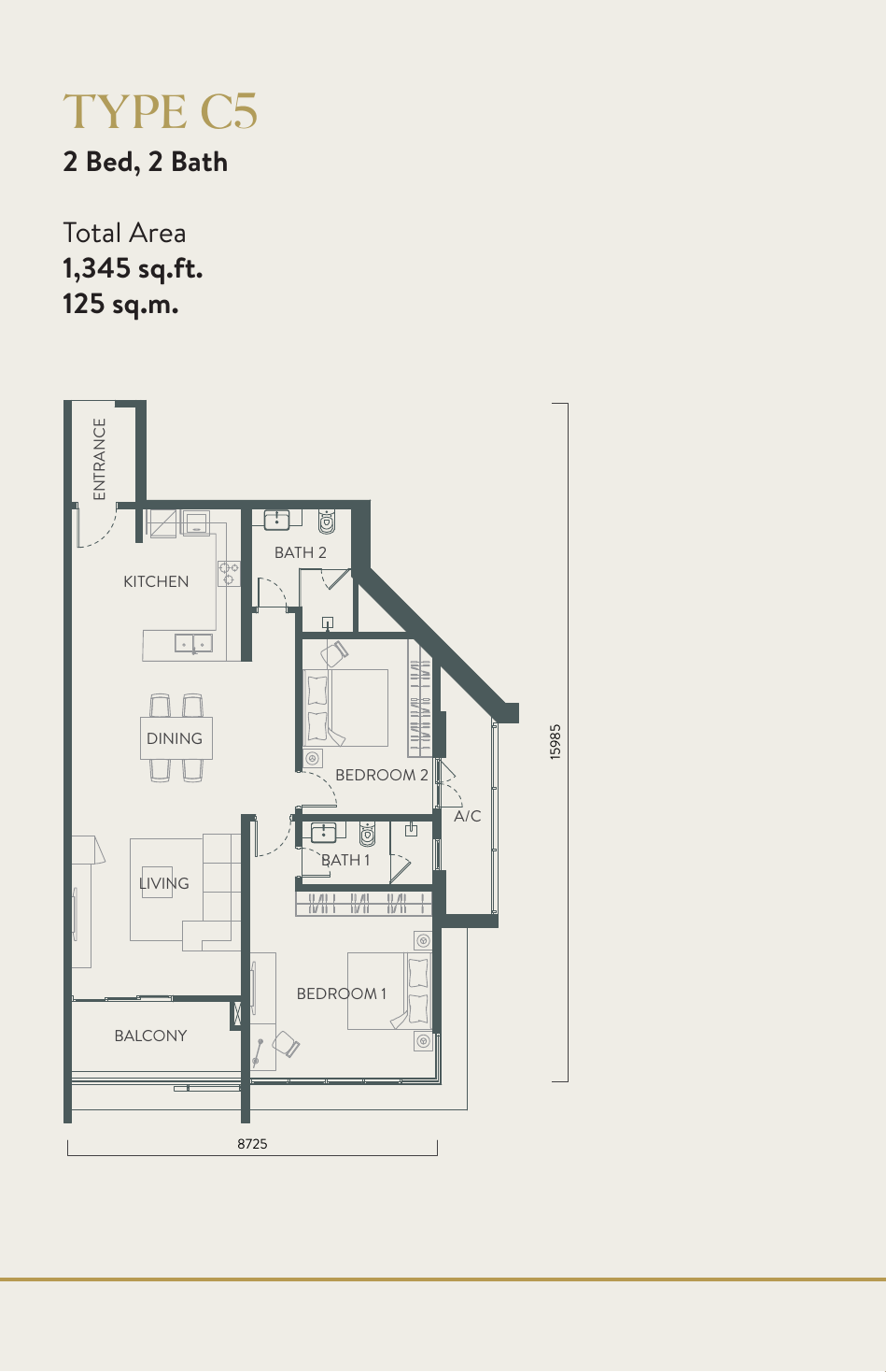 Quill Residences Type C5 · 2 Bed, 2 Bath · 1,345 sf floor plan