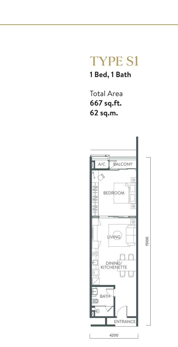 Quill Residences Type S1 · 1 Bed, 1 Bath · 667 sf floor plan