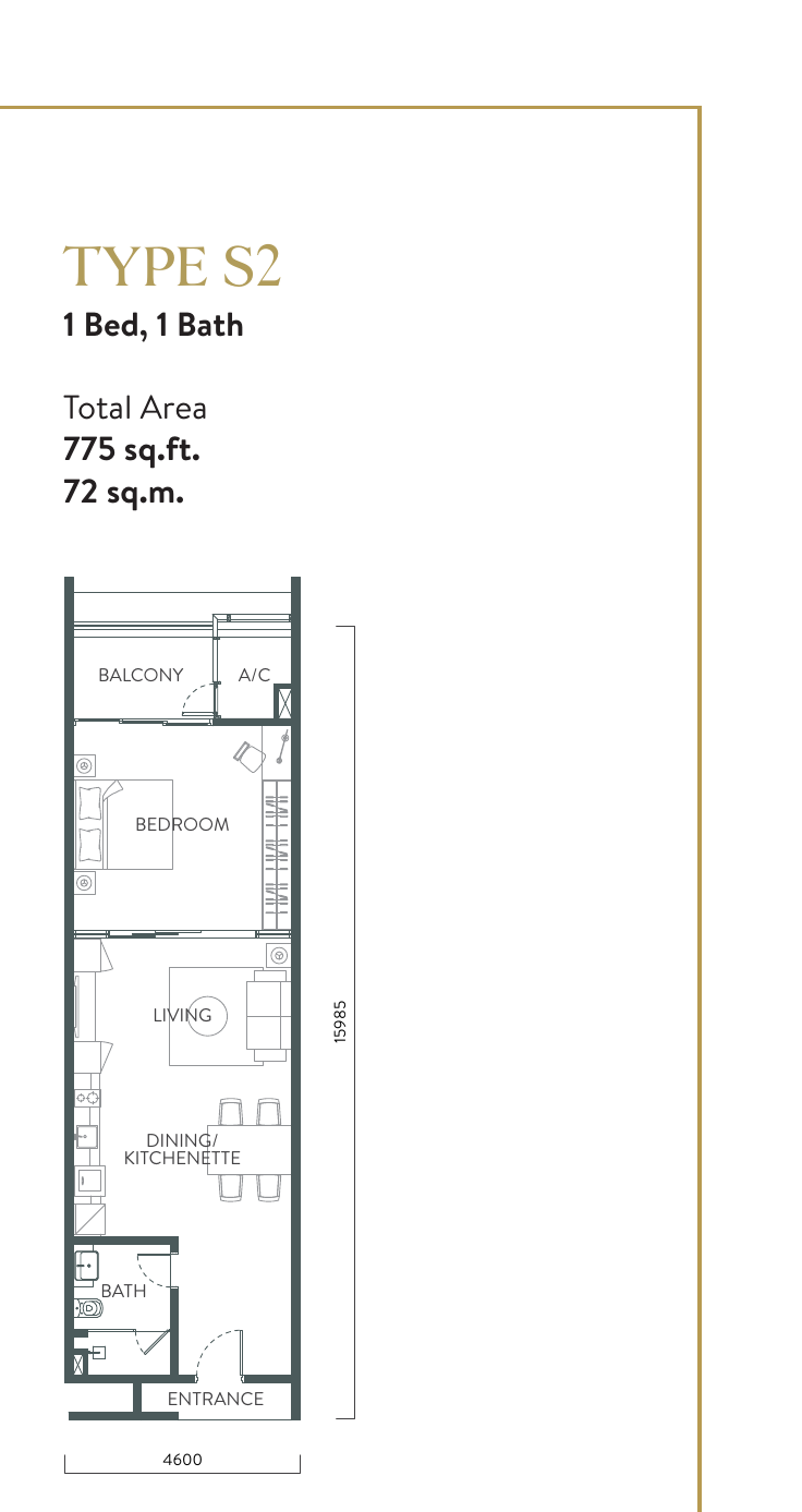 Quill Residences Type S2 · 1 Bed, 1 Bath · 775 sf floor plan