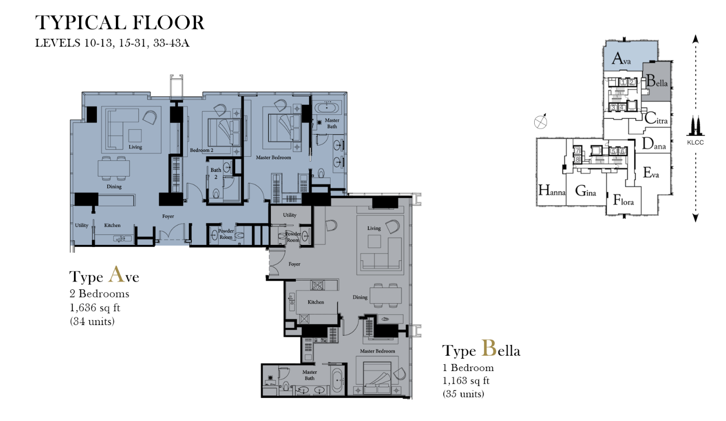 The Ritz-Carlton Residences Type Ava & Bella · 1,636 / 1,163 sf floor plan