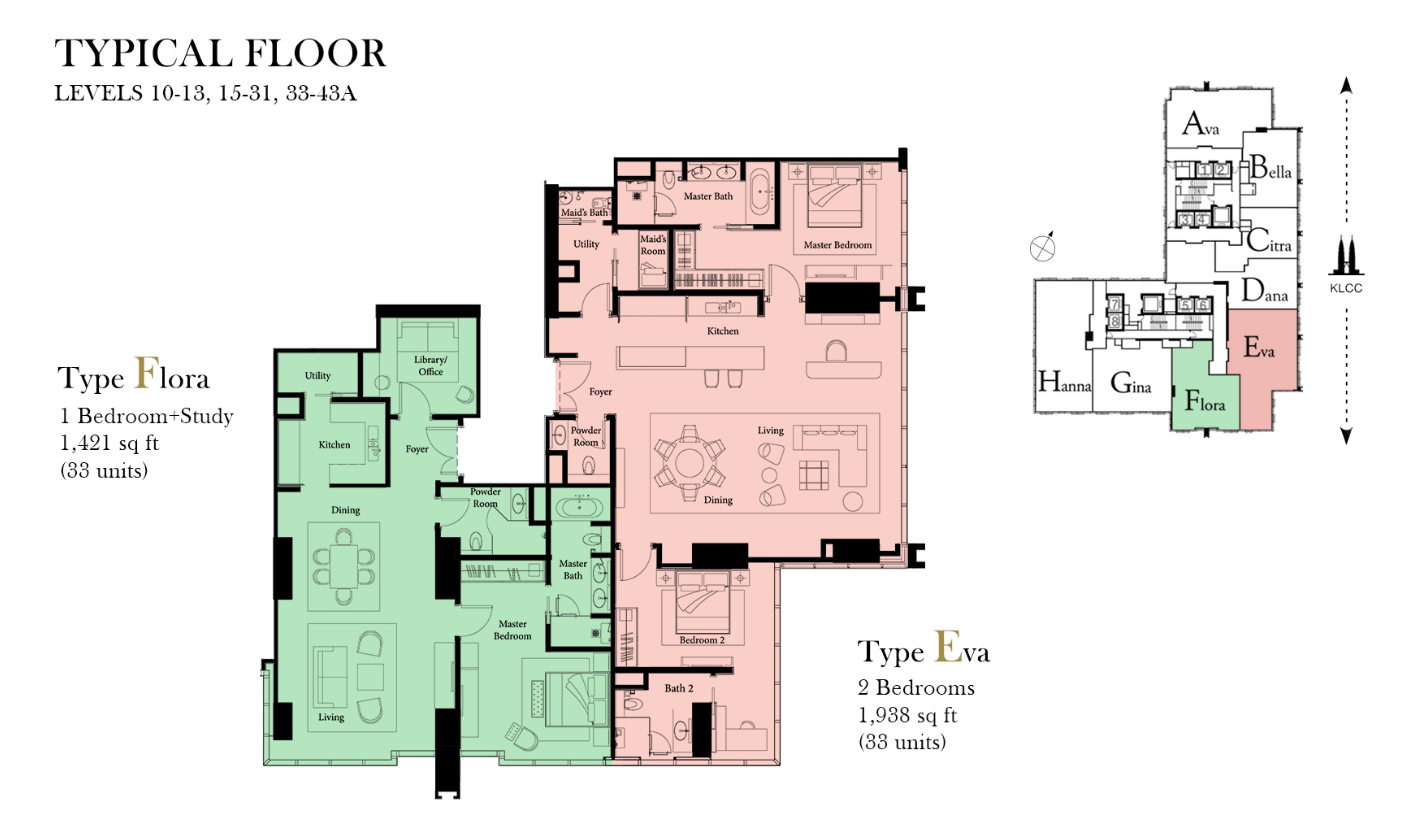 The Ritz-Carlton Residences Type Flora & Eva · 1,421 / 1,938 sf floor plan