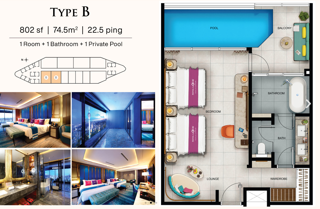 Royal Lexis Type B · 802 sf · 1 Room + 1 Bathroom + 1 Private Pool floor plan