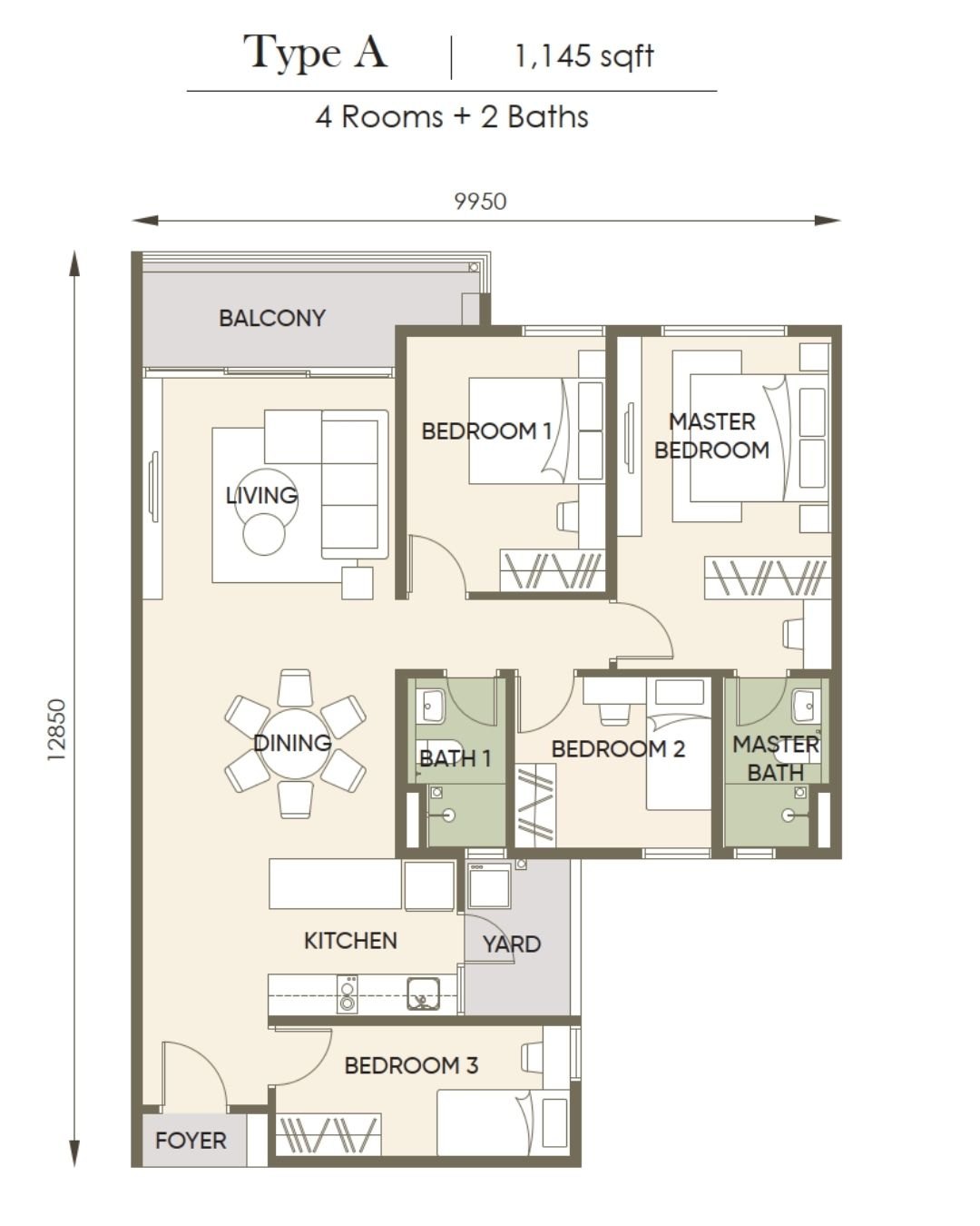 Saffron Park Residences Type A · 1,145 sf floor plan
