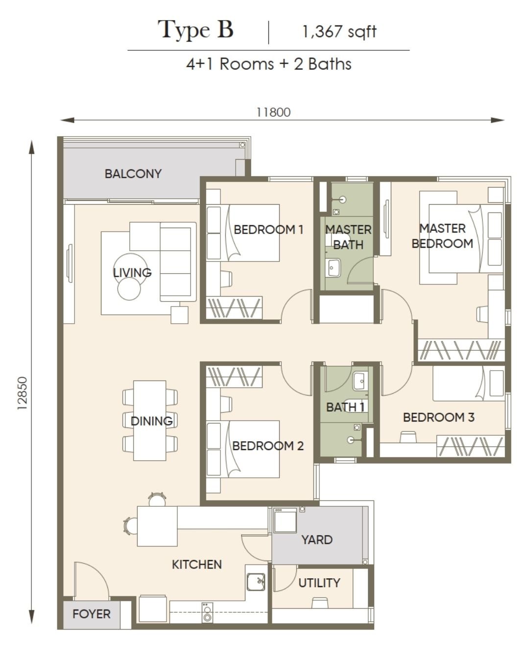 Saffron Park Residences Type B · 1,367 sf floor plan