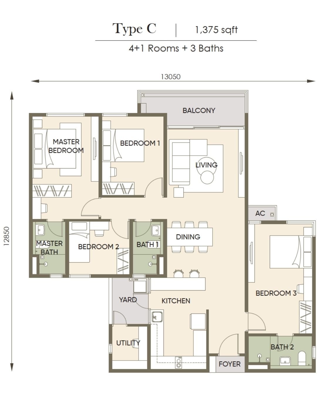 Saffron Park Residences Type C · 1,375 sf floor plan