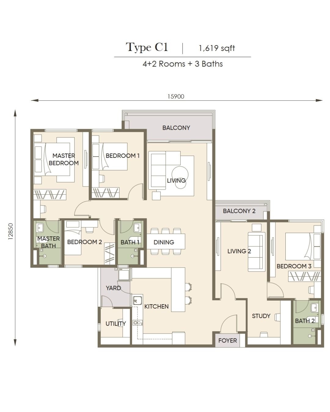 Saffron Park Residences Type C1 · 1,619 sf floor plan