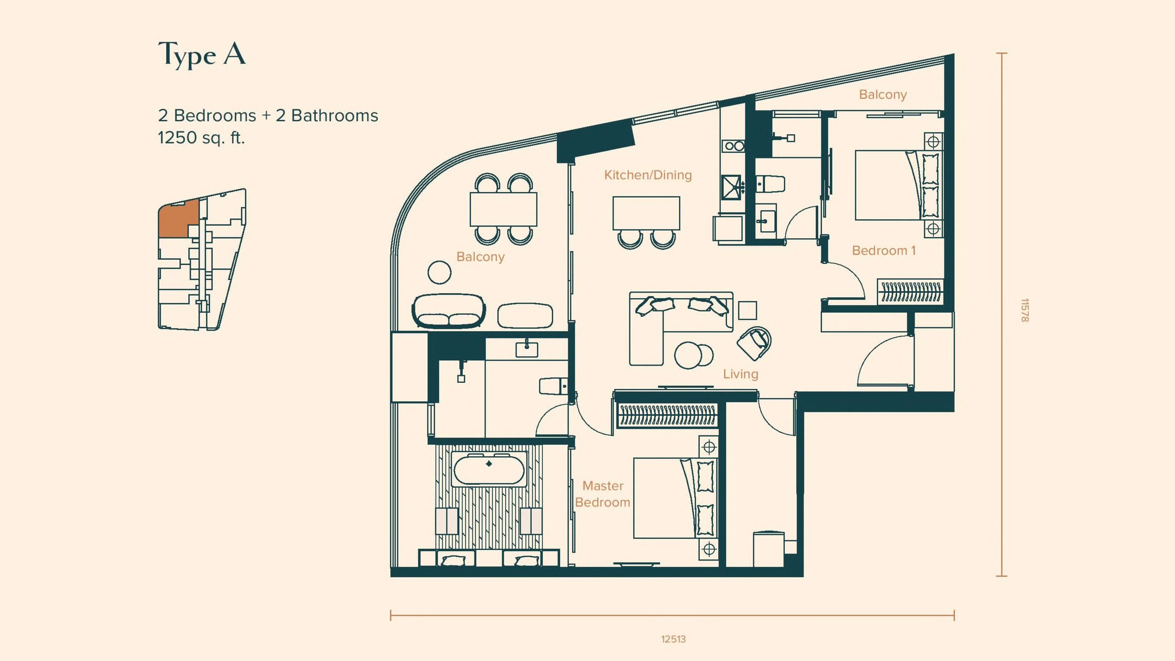 Skylon Residences Type A · 1,250 sf · 2+2 floor plan
