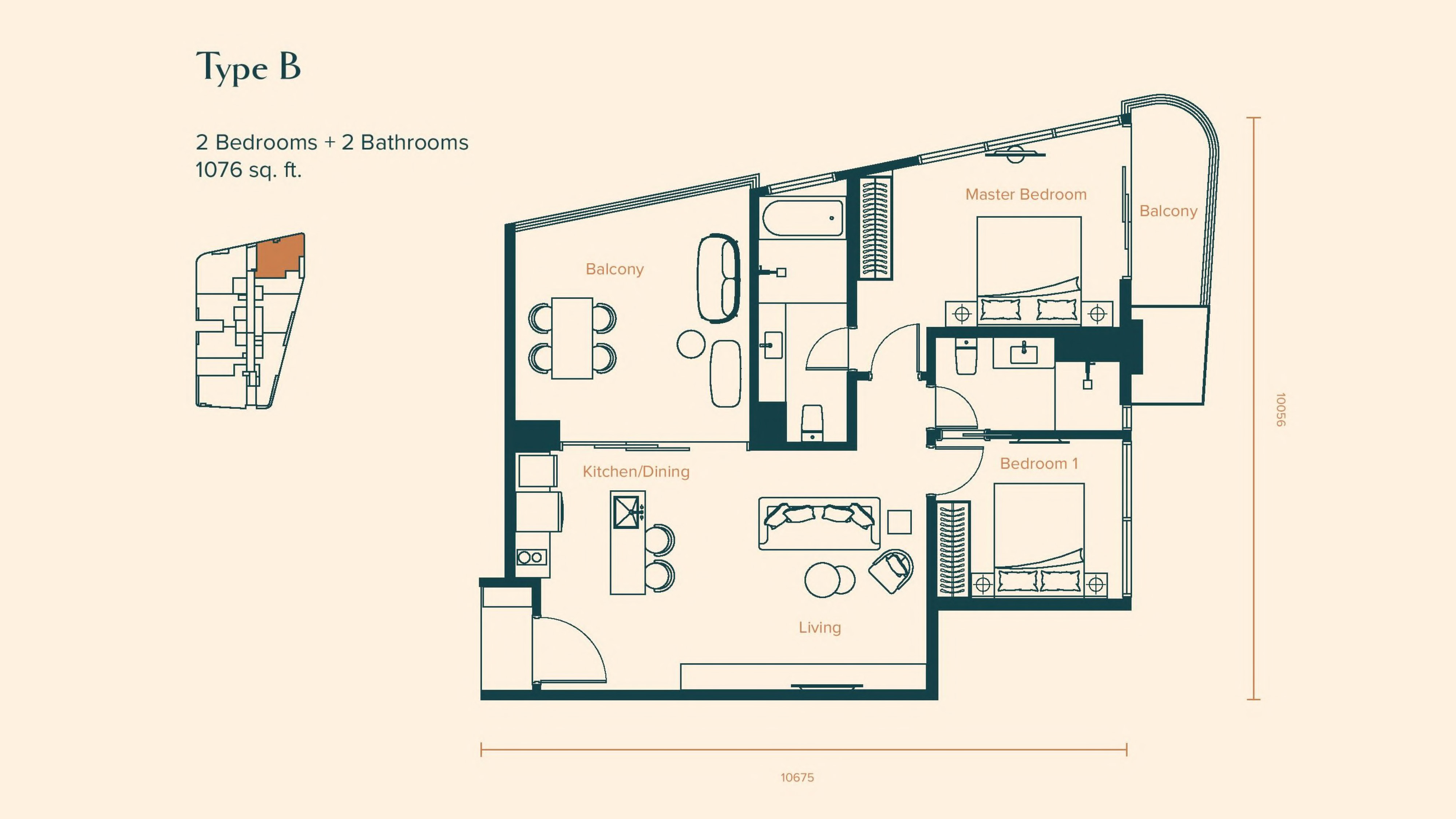 Skylon Residences Type B · 1,076 sf · 2+2 floor plan