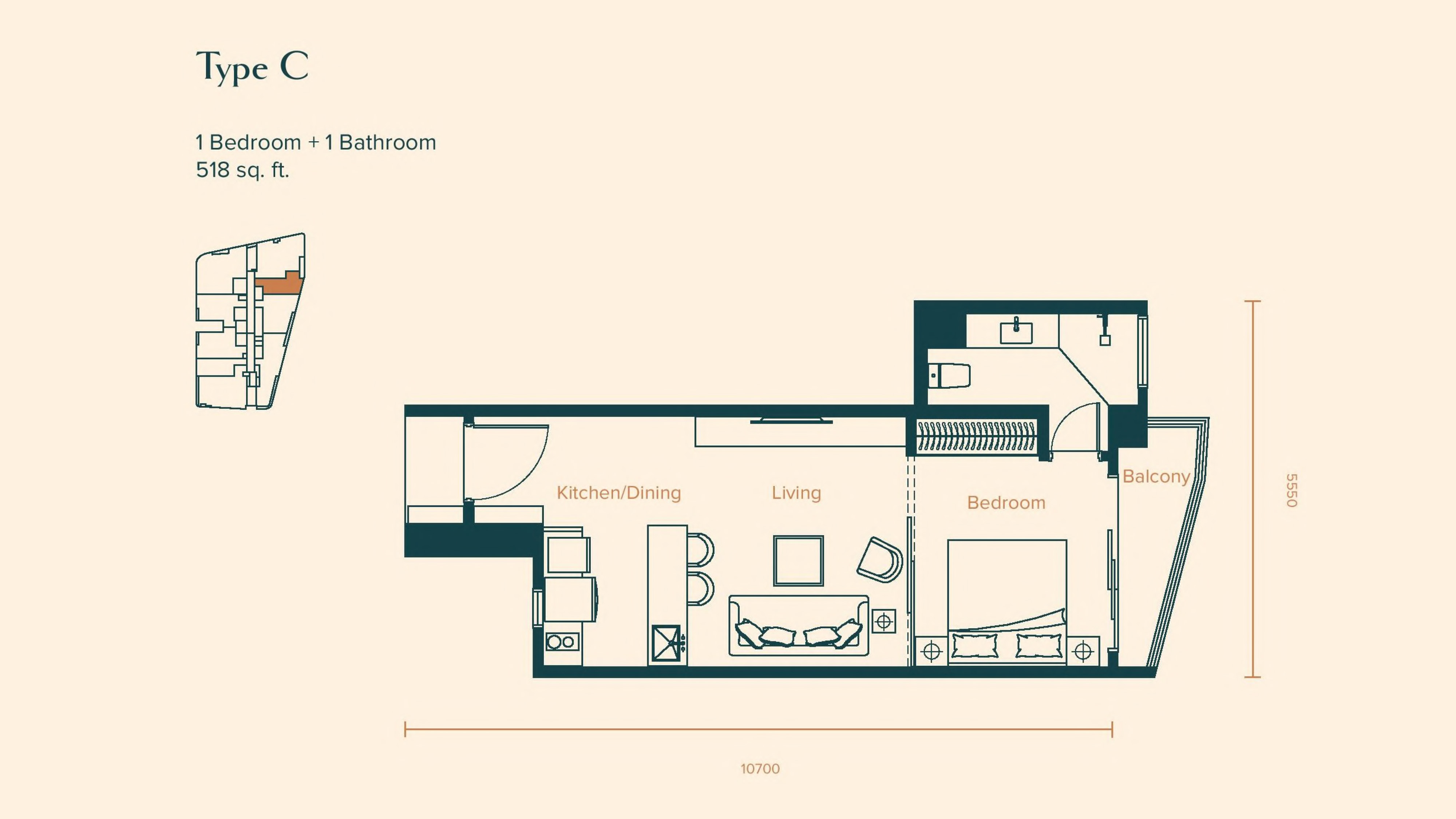 Skylon Residences Type C · 518 sf · 1+1 floor plan