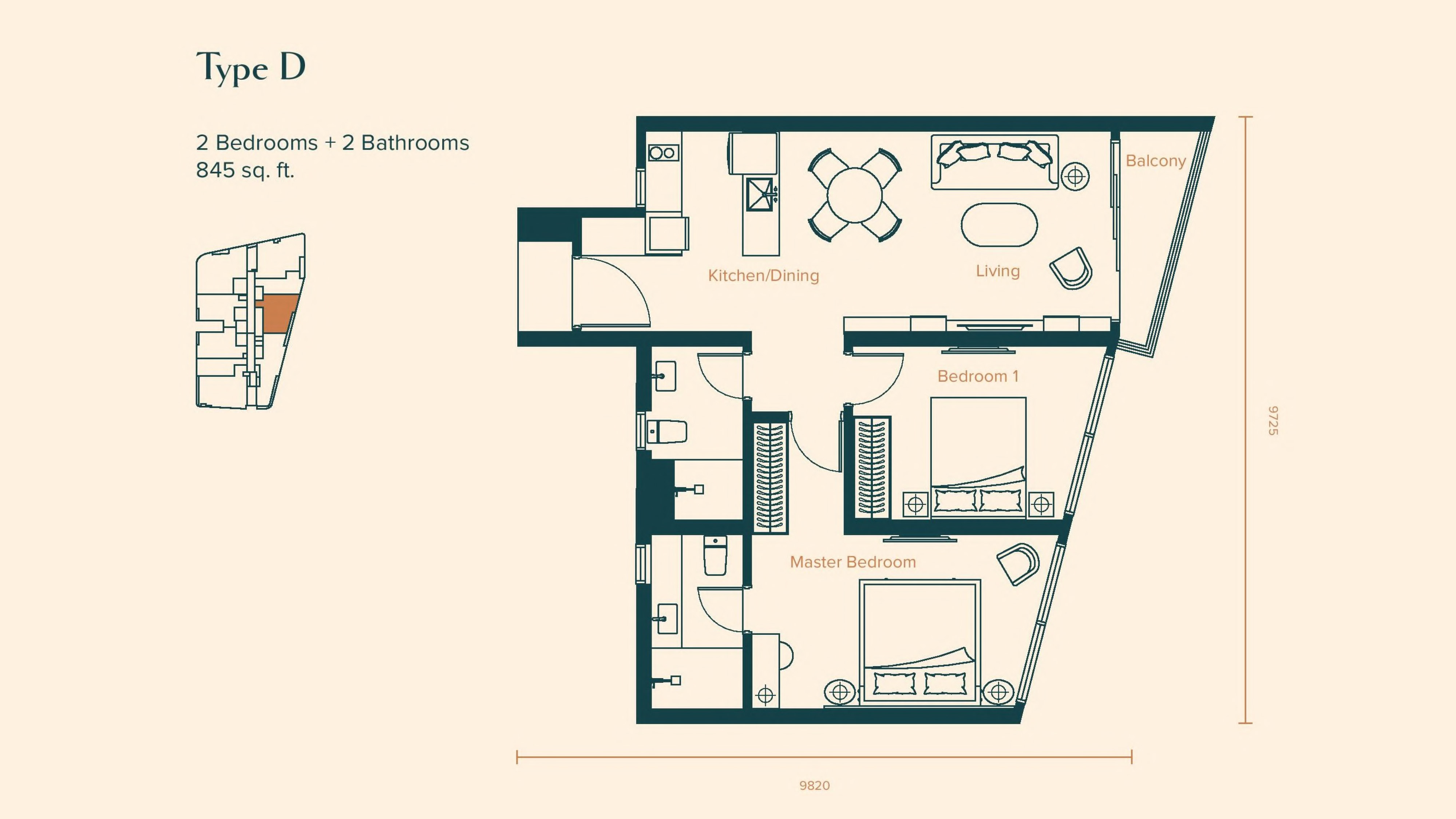Skylon Residences Type D · 845 sf · 2+2 floor plan