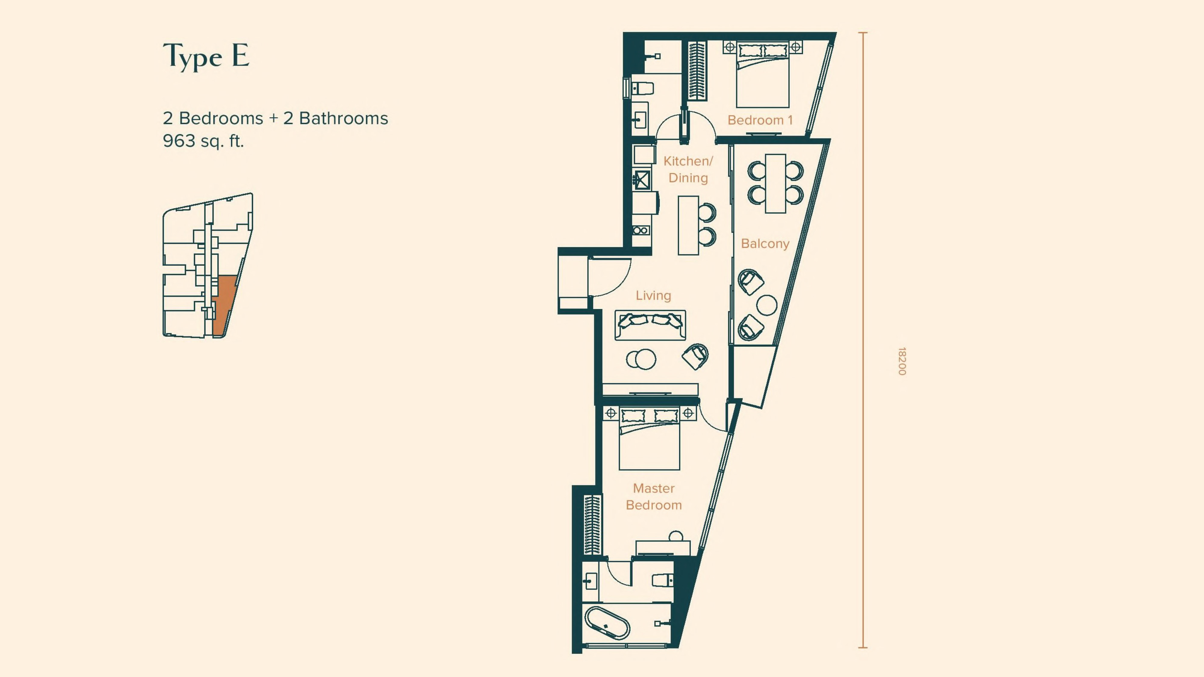 Skylon Residences Type E · 963 sf · 2+2 floor plan