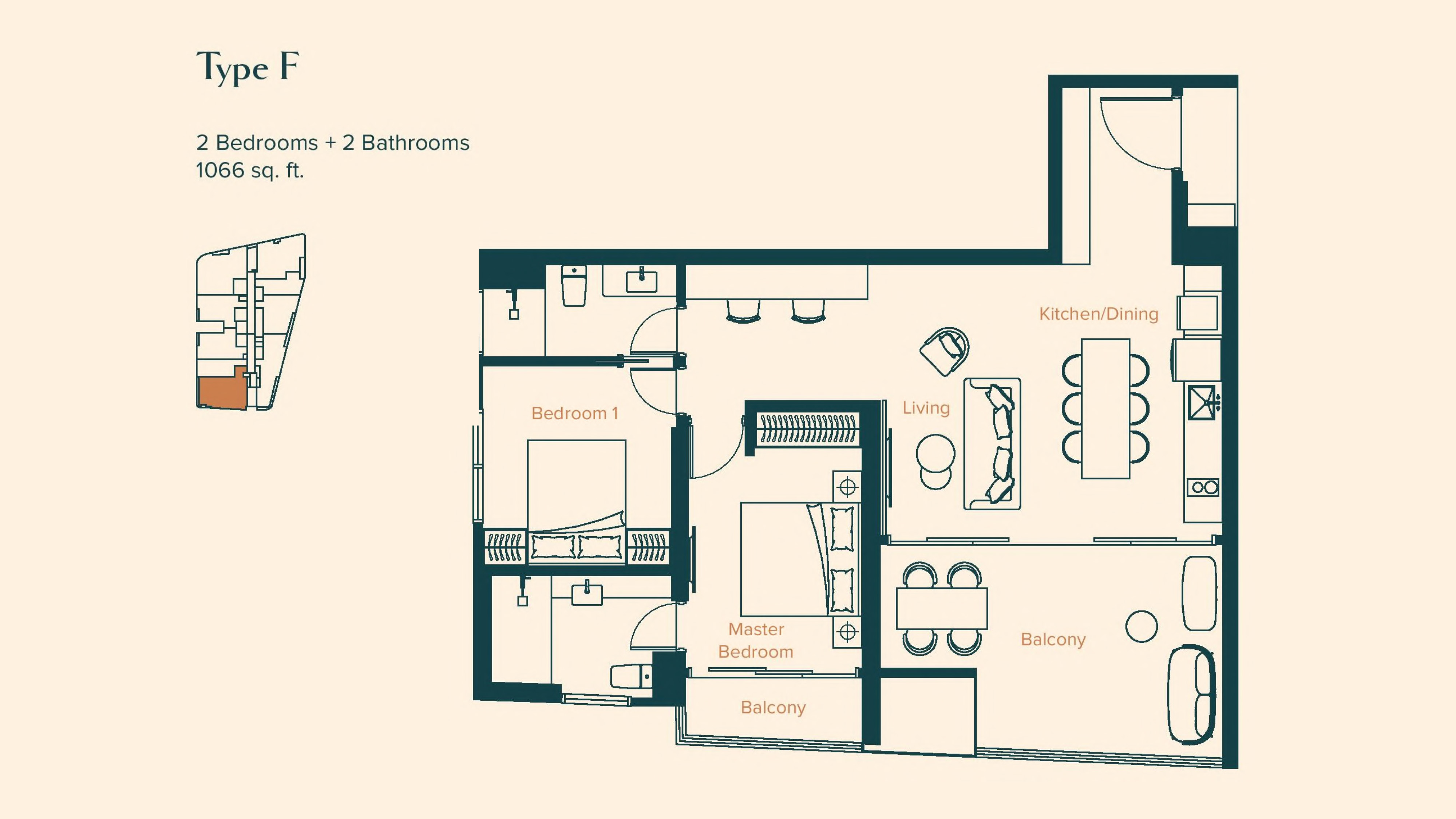 Skylon Residences Type F · 1,066 sf · 2+2 floor plan