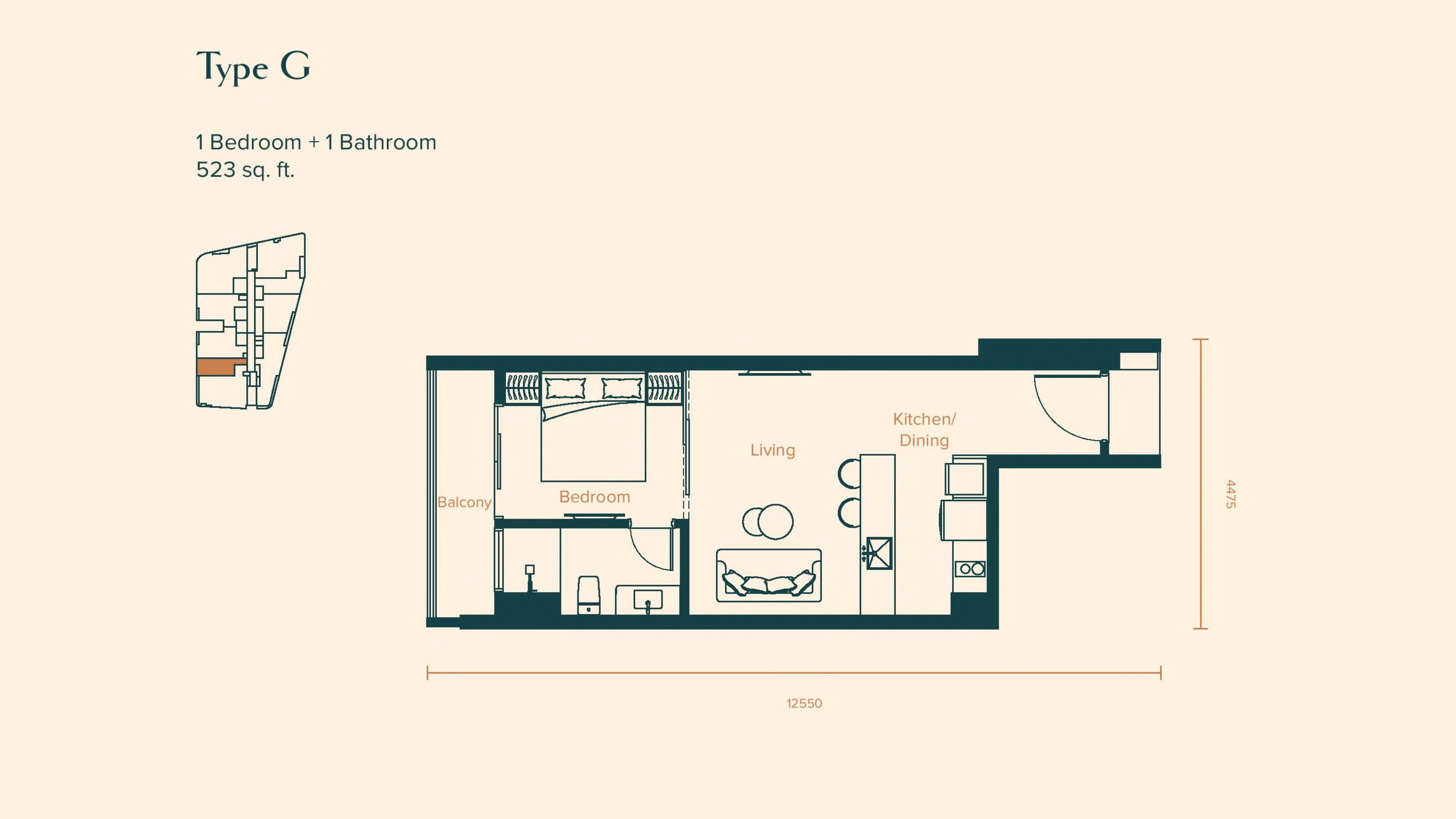 Skylon Residences Type G · 523 sf · 1+1 floor plan