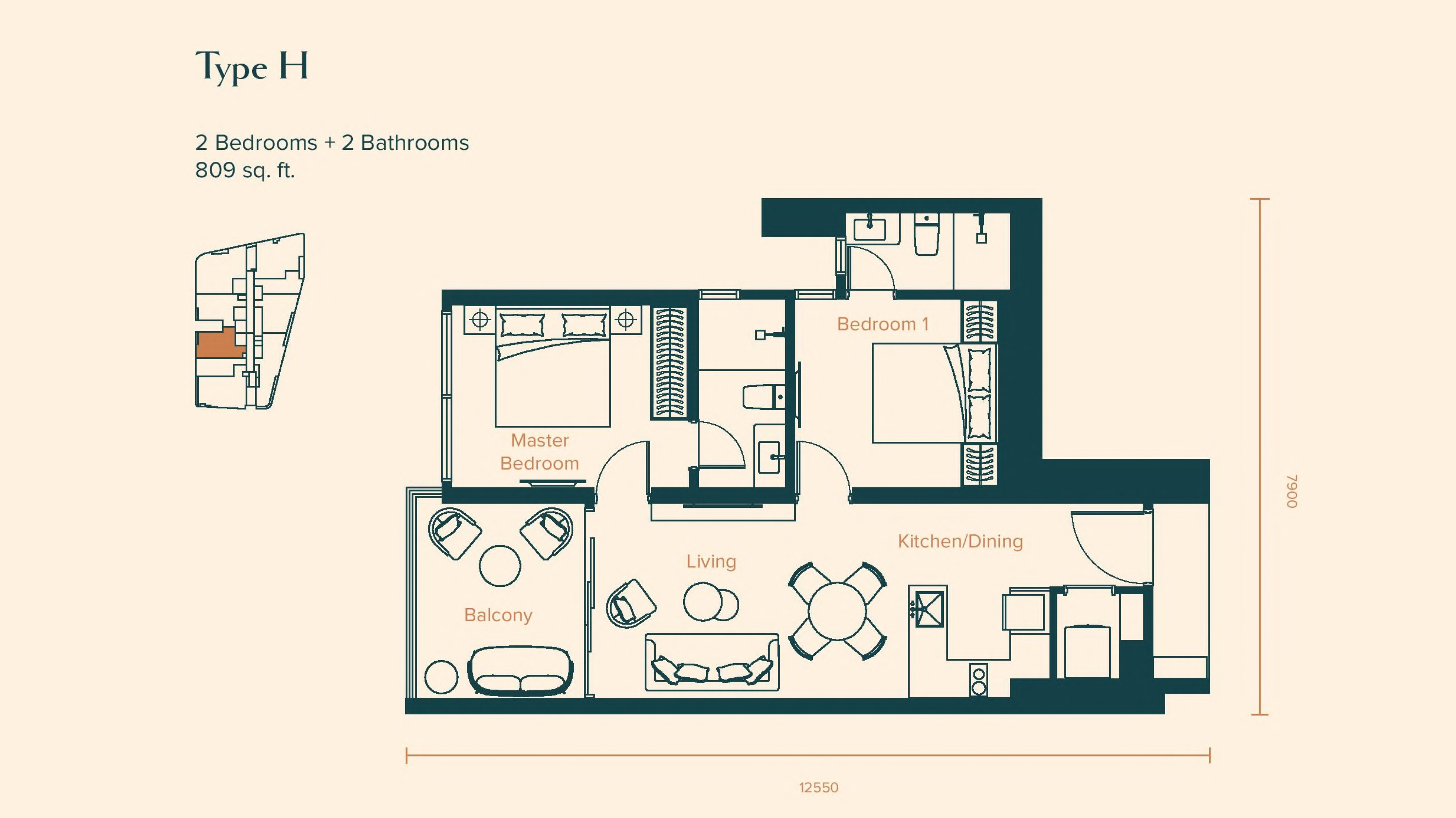 Skylon Residences Type H · 809 sf · 2+2 floor plan