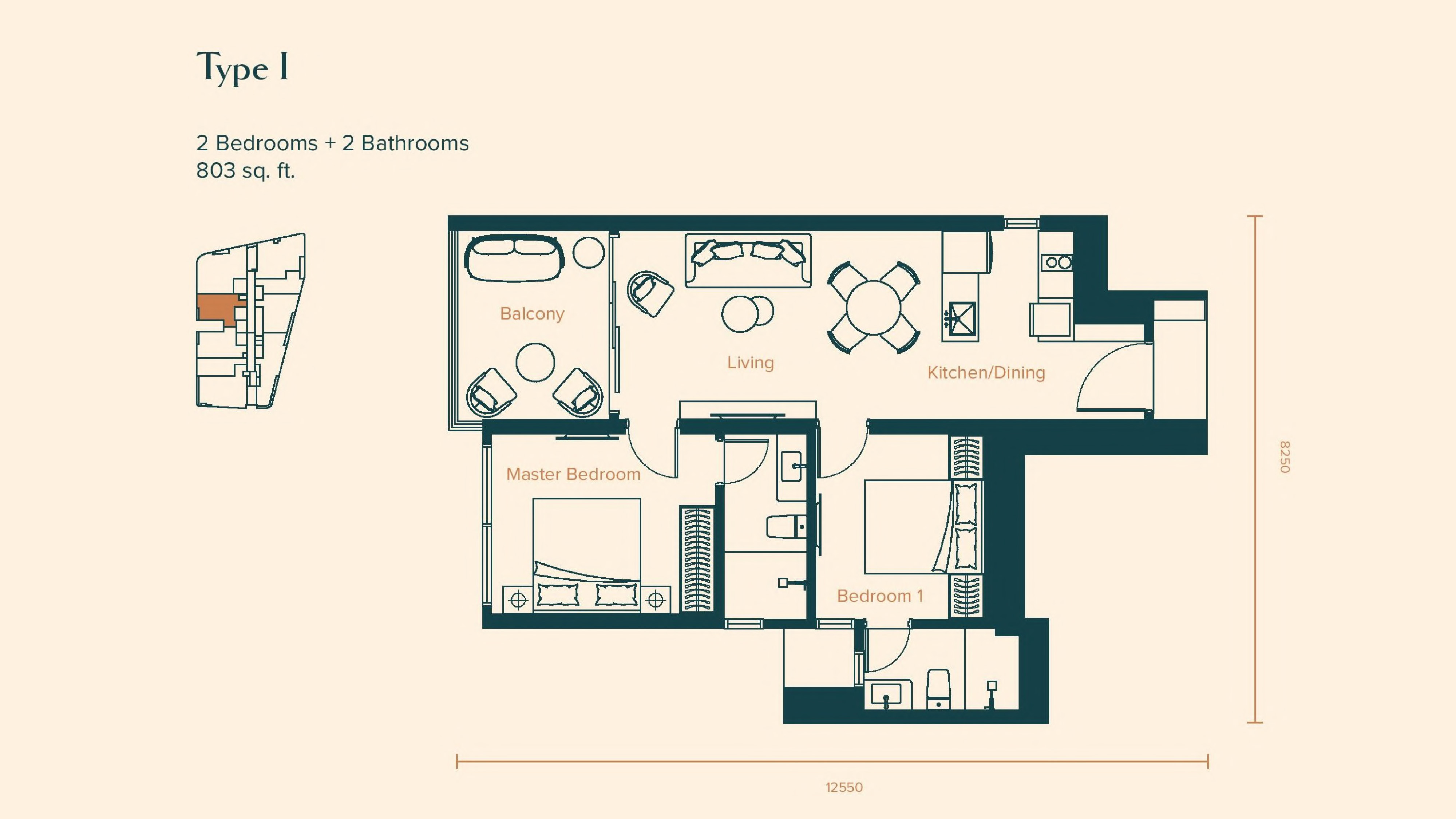 Skylon Residences Type I · 803 sf · 2+2 floor plan