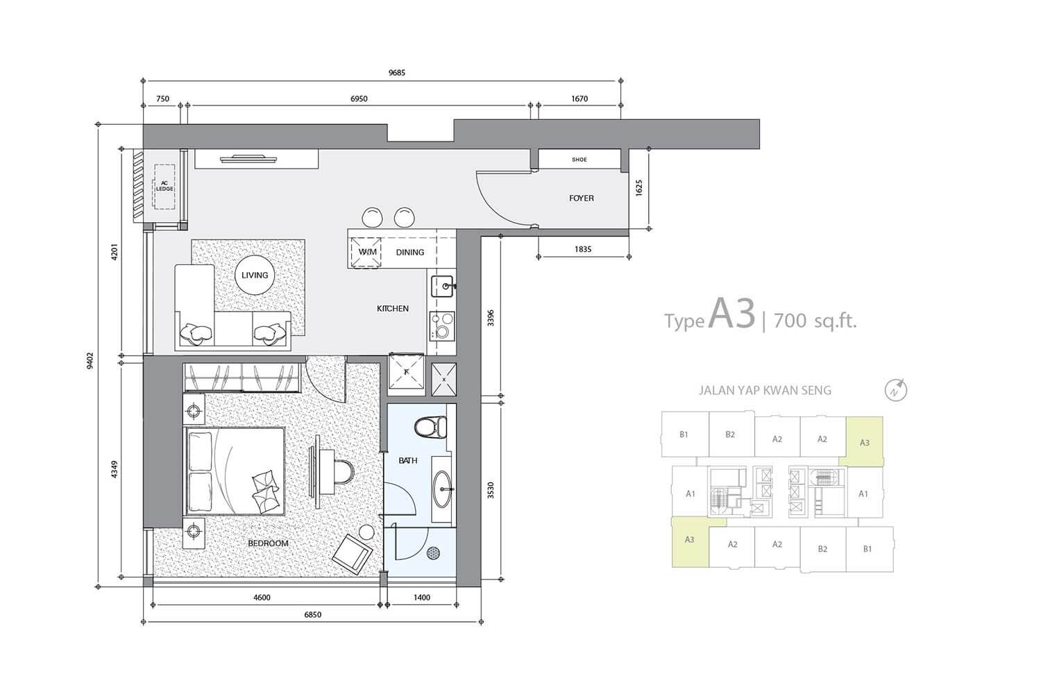 Star Residences KLCC Tower 1 Type A3 · 700 sf floor plan