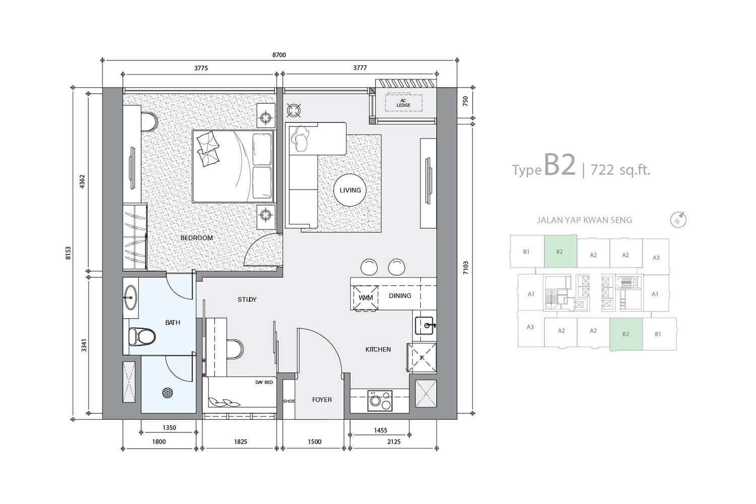 Star Residences KLCC Tower 1 Type B2 · 722 sf floor plan