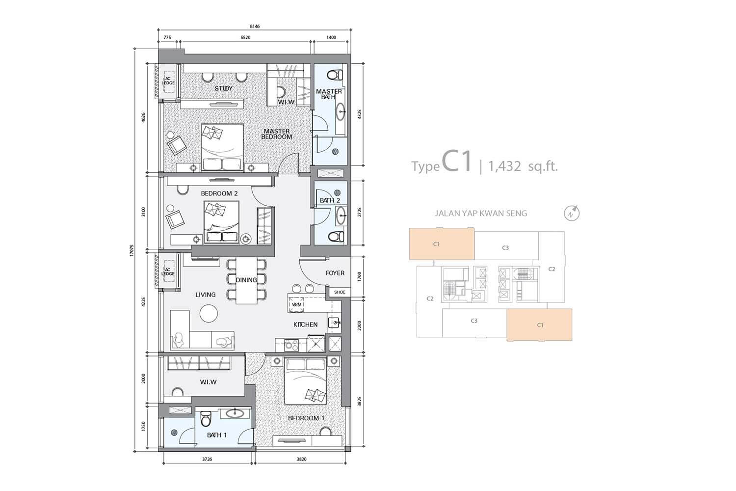 Star Residences KLCC Tower 1 Type C1 · 1,432 sf floor plan