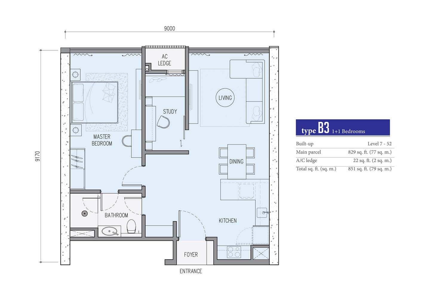 Star Residences KLCC Tower 2 Type B3 · 851 sf floor plan