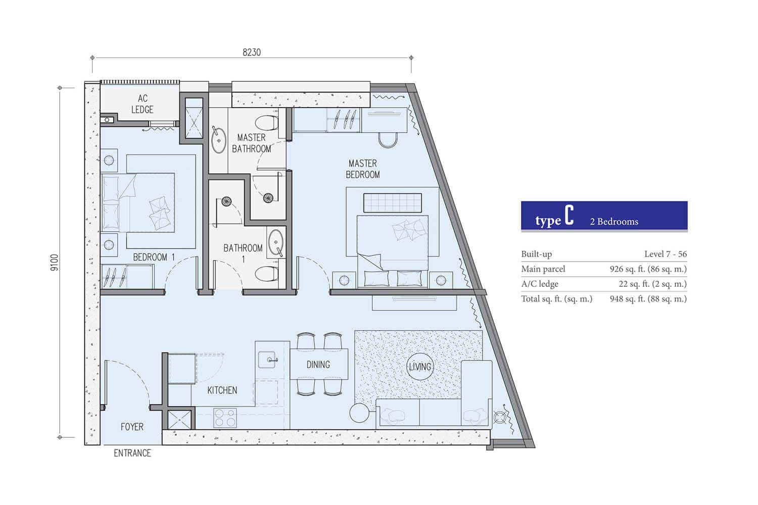 Star Residences KLCC Tower 2 Type C · 948 sf floor plan