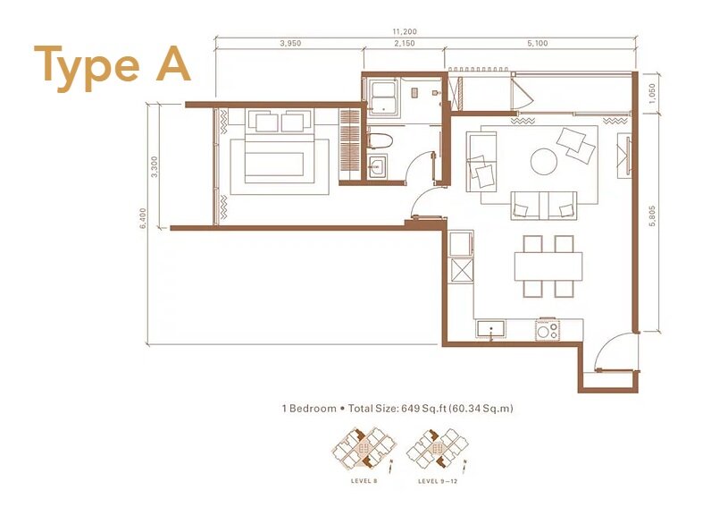 Stonor 3 Type A · 649 sf · 1 Bedroom floor plan