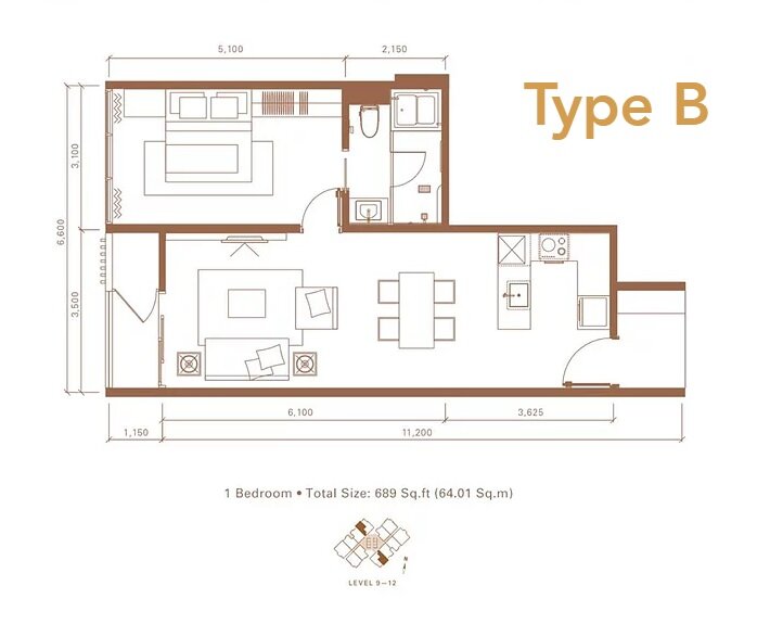 Stonor 3 Type B · 689 sf · 1 Bedroom floor plan
