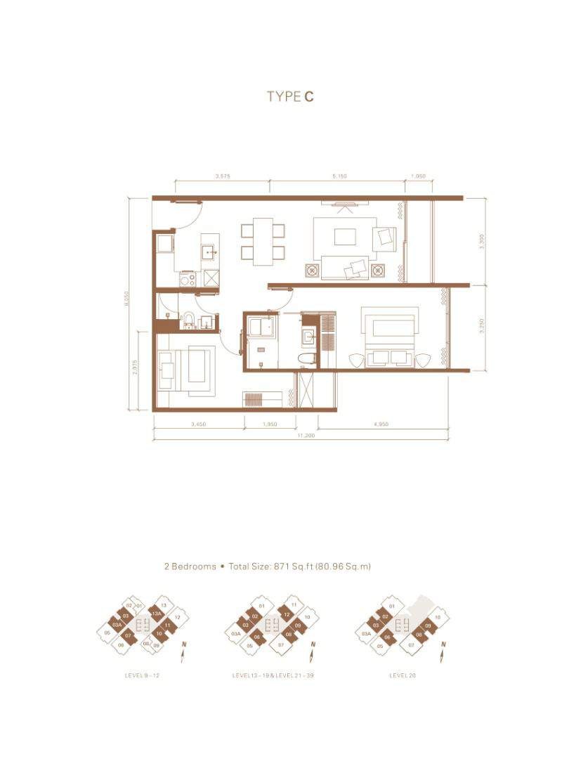 Stonor 3 Type C · 871 sf · 2 Bedrooms floor plan