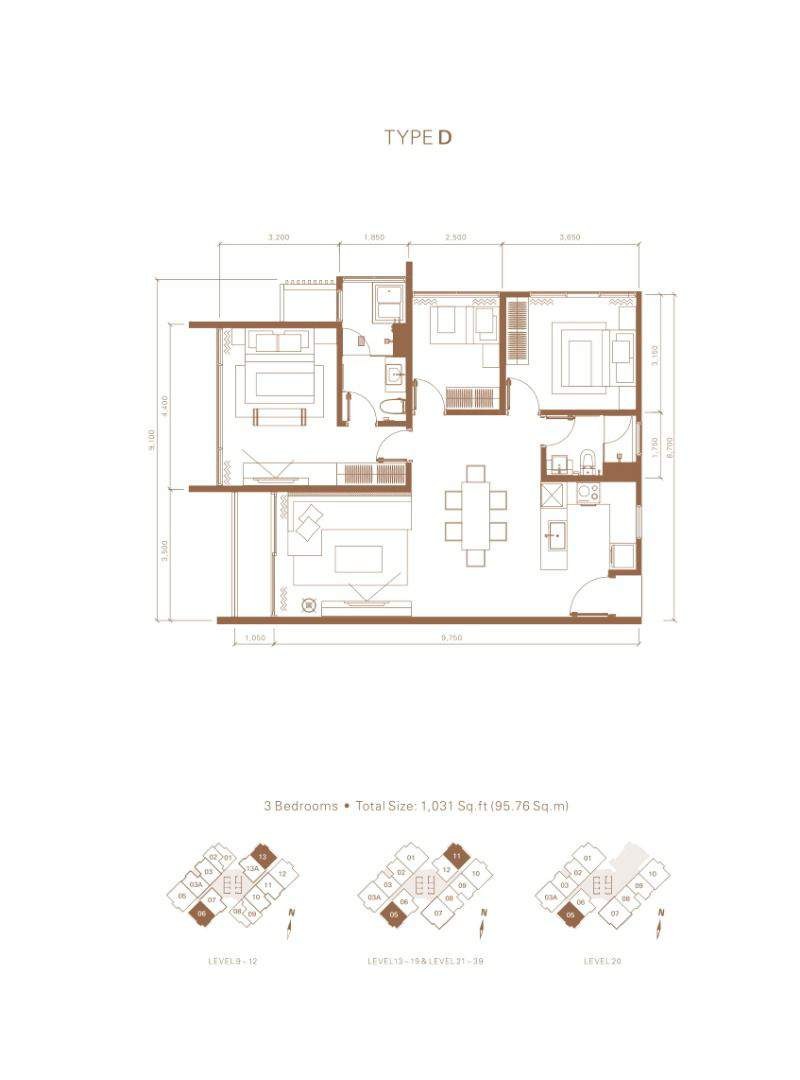 Stonor 3 Type D · 1,031 sf · 3 Bedrooms floor plan
