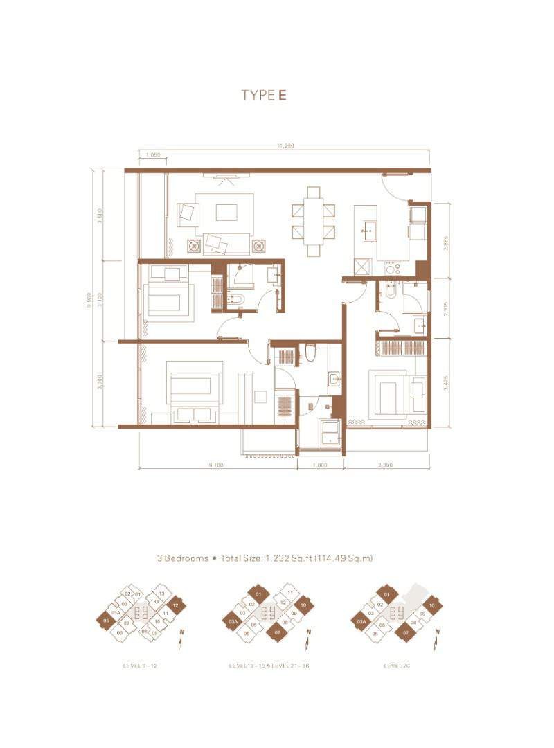 Stonor 3 Type E · 1,232 sf · 3 Bedrooms floor plan
