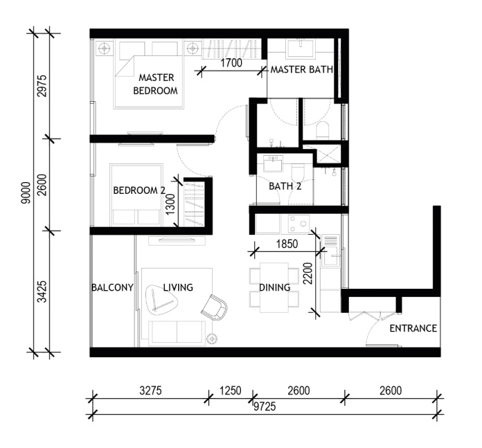 10 Stonor Type A · 736 sf · 2 Bed floor plan
